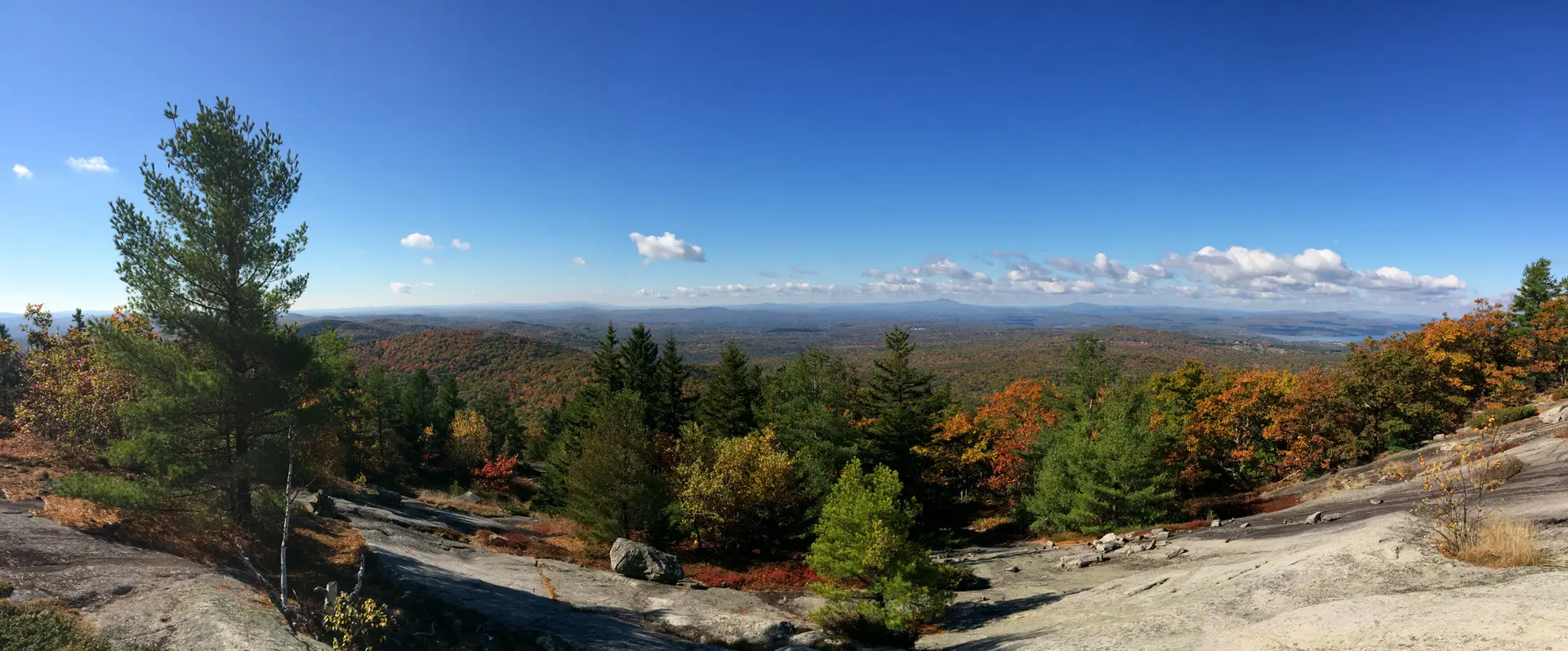 Panoramic view of vast forested mountains with autumn colors under a clear sky.