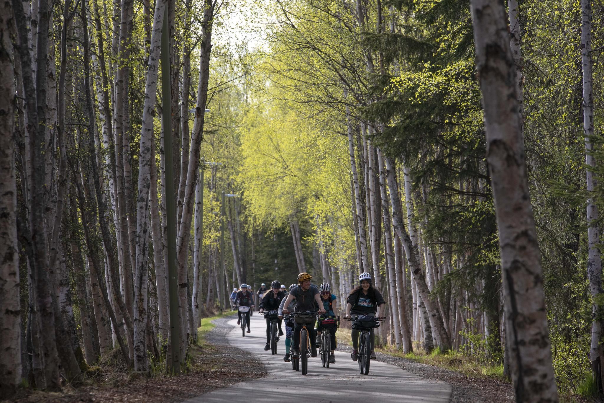 Group cycling on a paved path through a bright green forest. - Chester Creek Trail