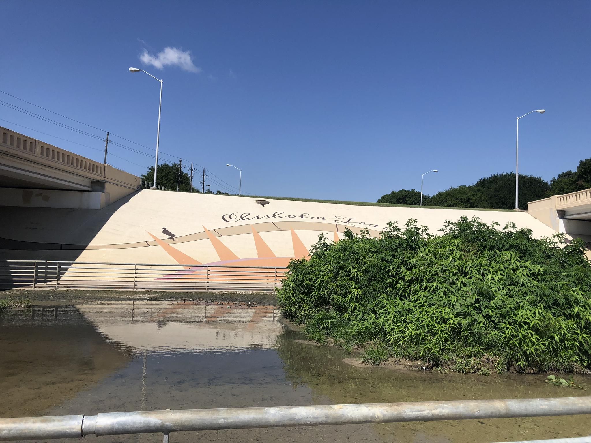 Mural on a concrete bridge wall above murky water and green bushes. - Chisholm Trail