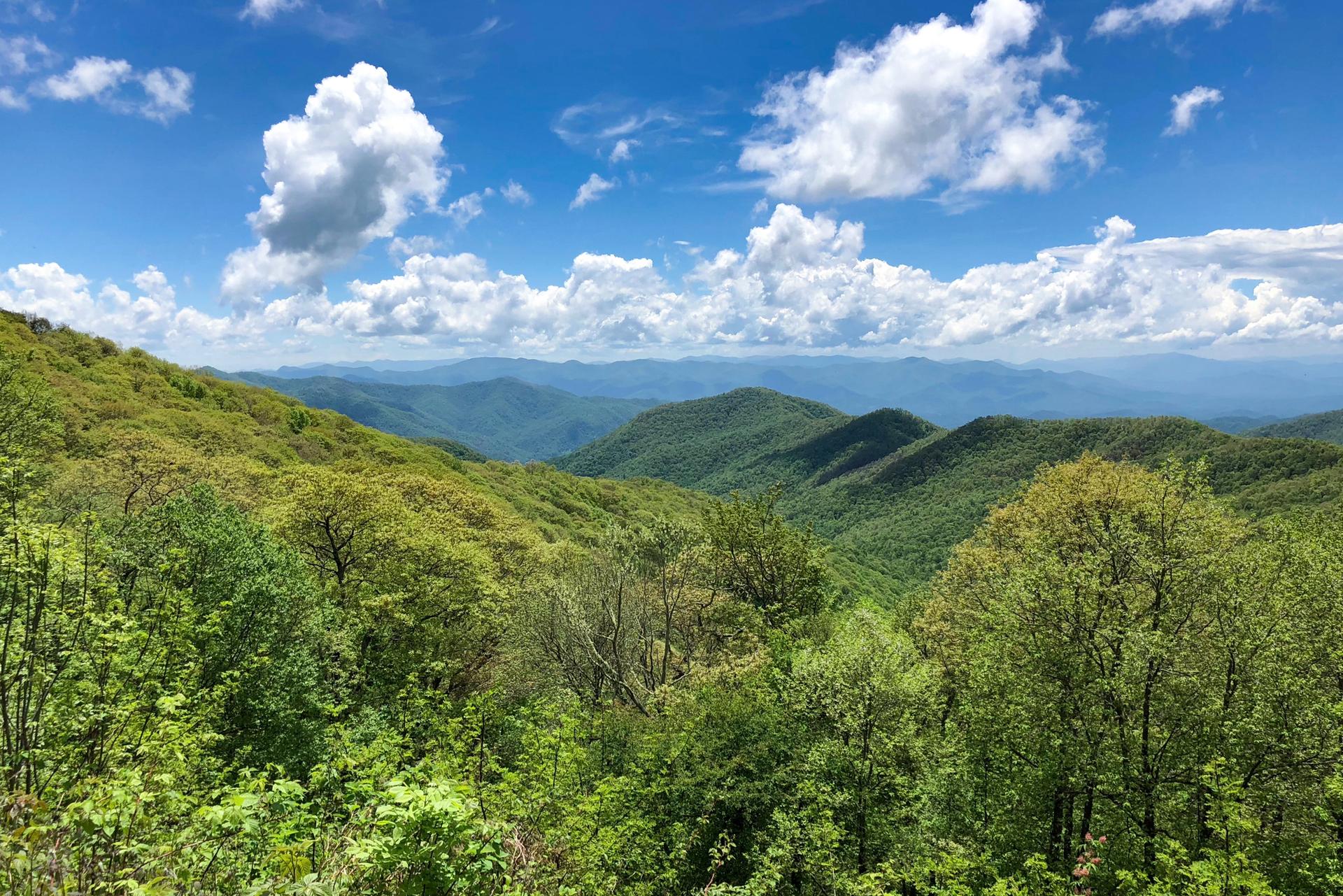 Expansive view of lush green mountains and valleys under a cloudy blue sky.