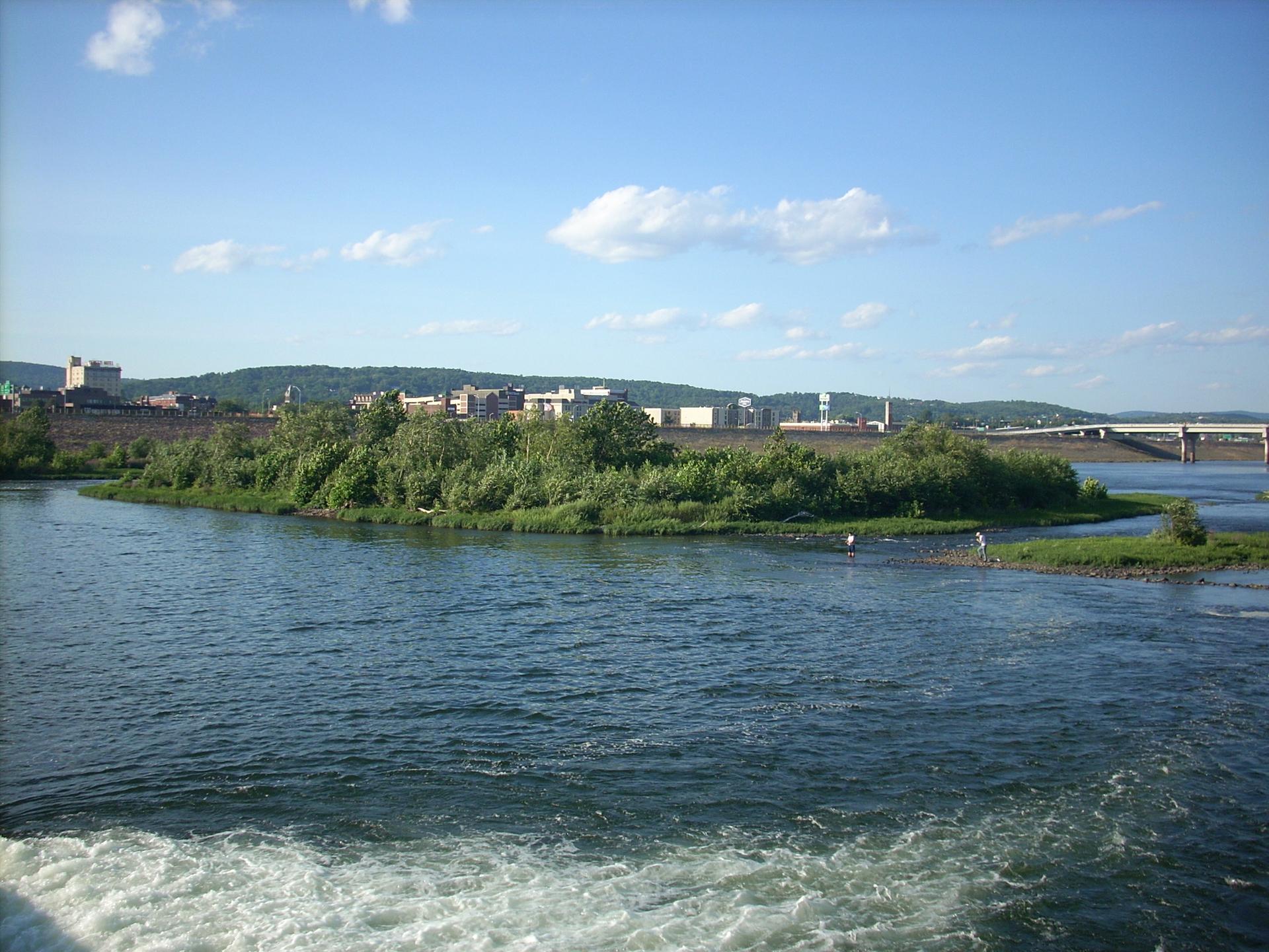 Sunny day over a river with a green island, distant city, and two people.