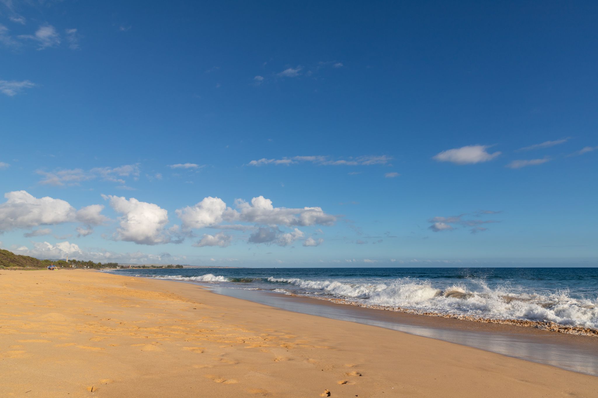 Sunny beach with golden sand, blue ocean waves, and a clear sky. - Kekaha Beach Park to Salt Pond County Park