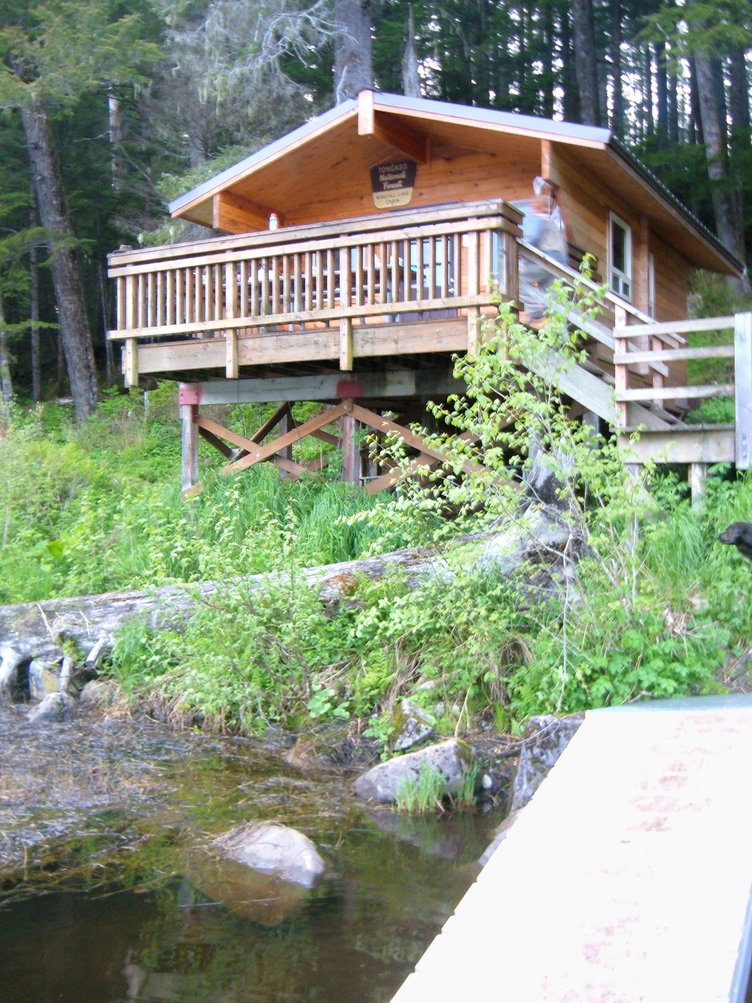 Wooden cabin on stilts with a person on the deck, by water and forest.