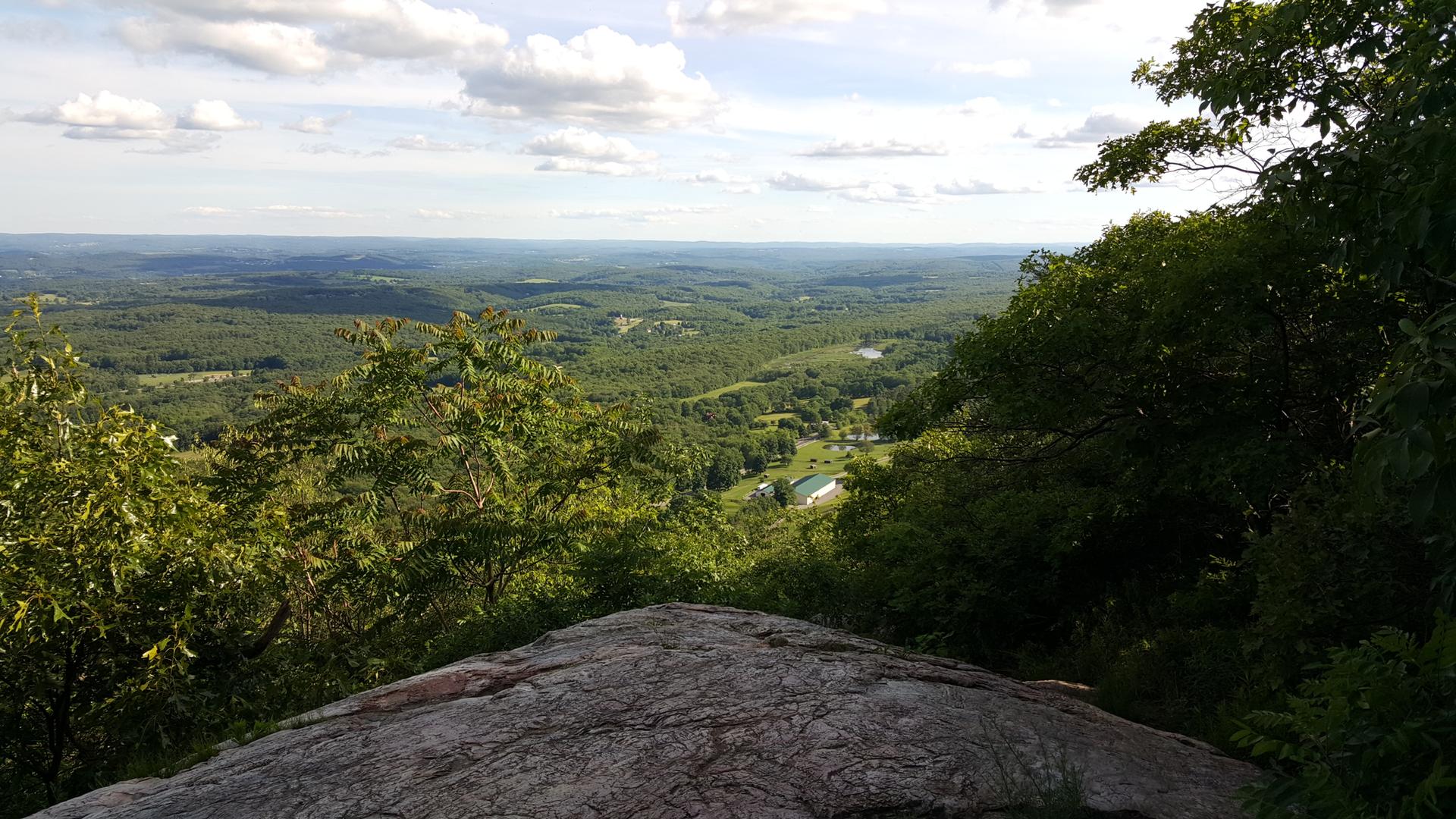 Vast forested valley seen from a rocky viewpoint under a bright, cloudy sky.