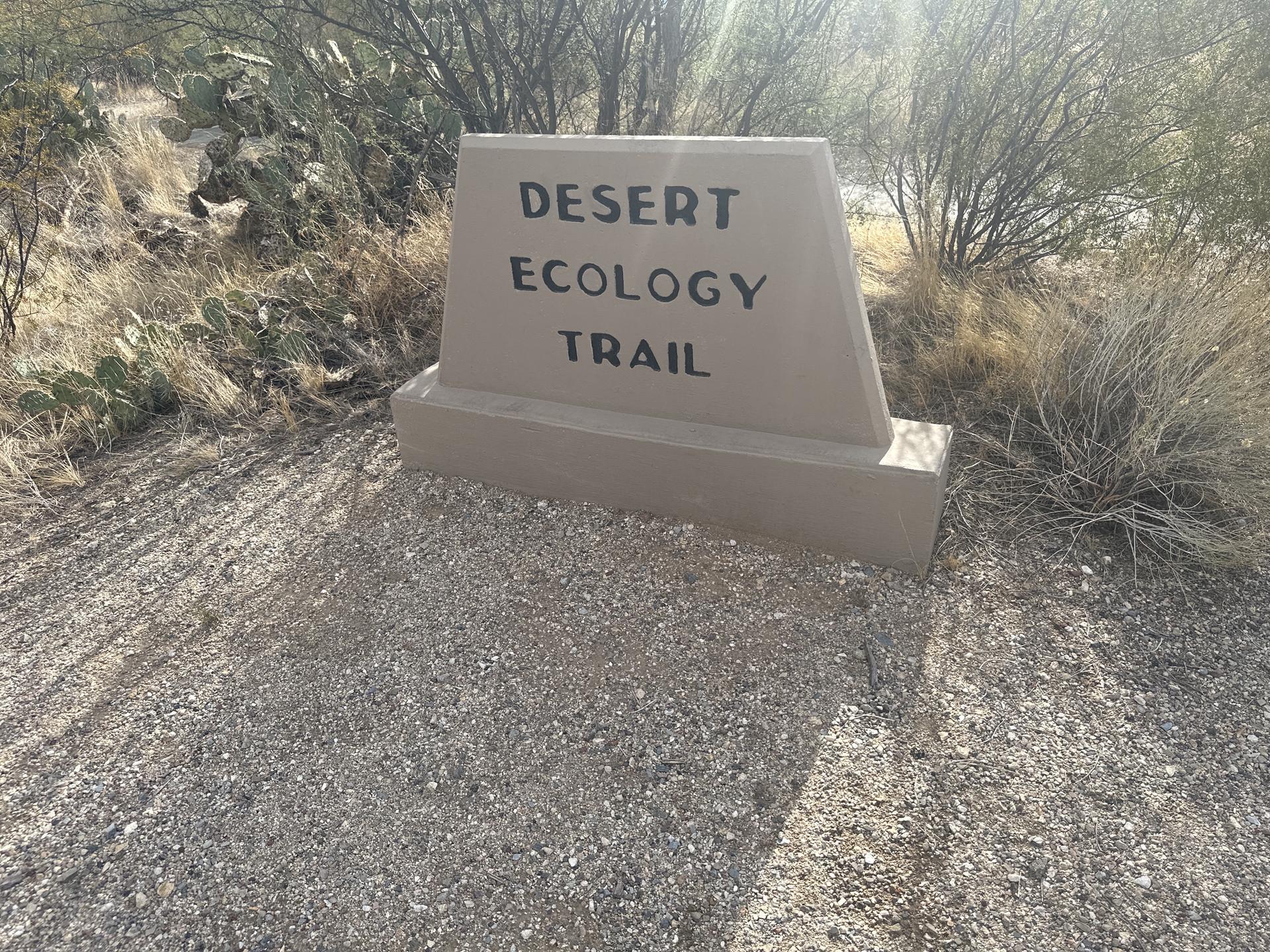 A stone sign reading "DESERT ECOLOGY TRAIL" stands on a gravel path.
