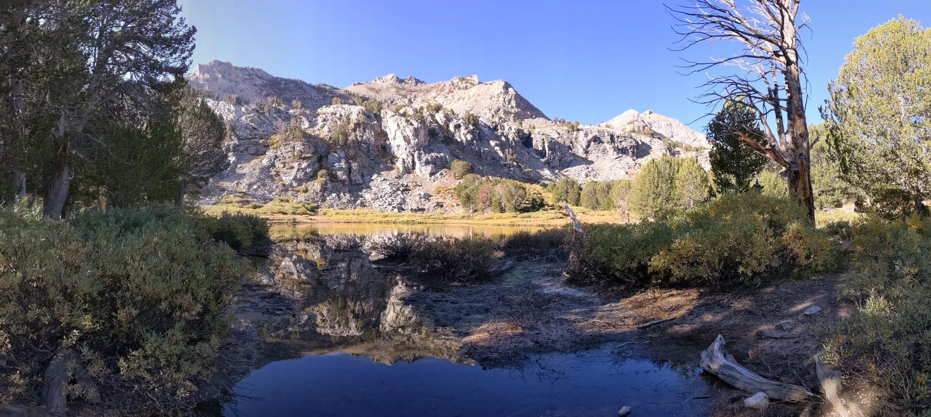 Calm lake reflecting rocky mountains and pine trees under a bright blue sky.
