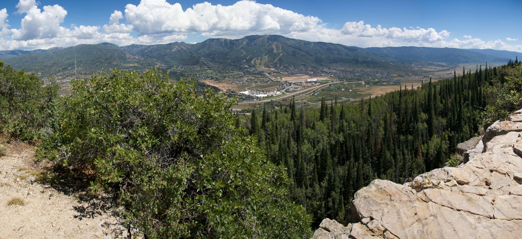 Panoramic mountain valley view from a rocky cliff, dense forest below.