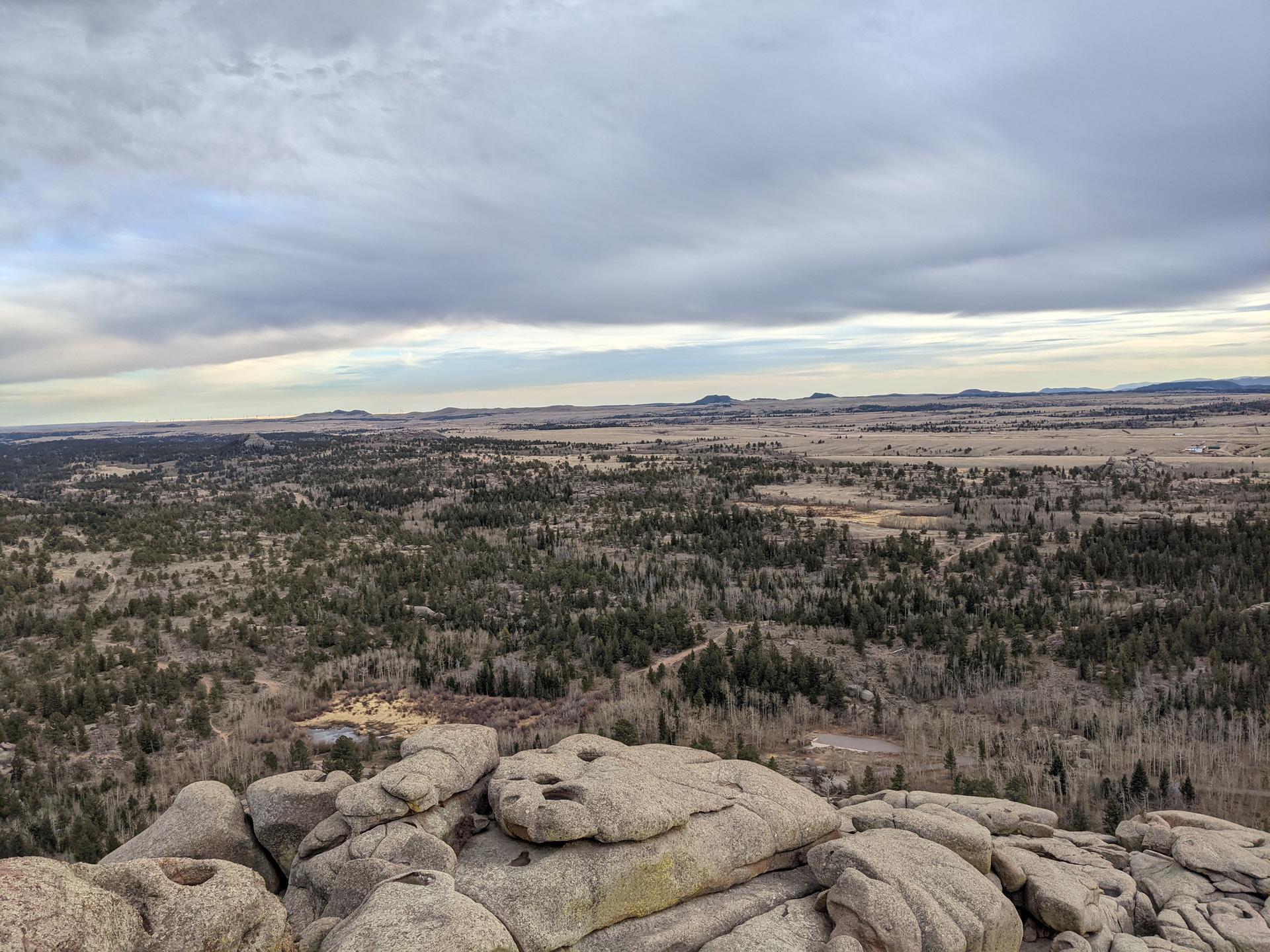 Overcast view from rocky outcrop overlooking a vast forest and plains.