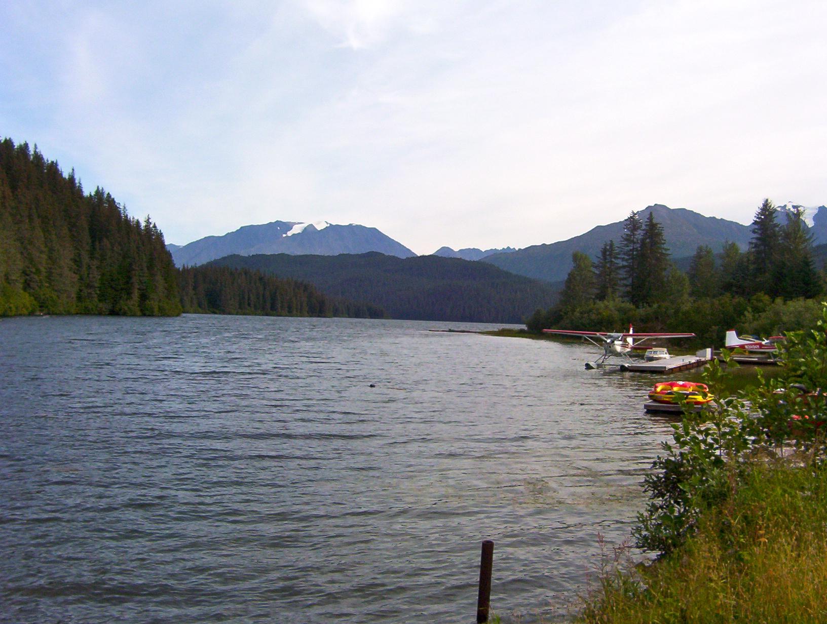 Seaplanes and boats docked on a lake surrounded by dense forests and mountains.