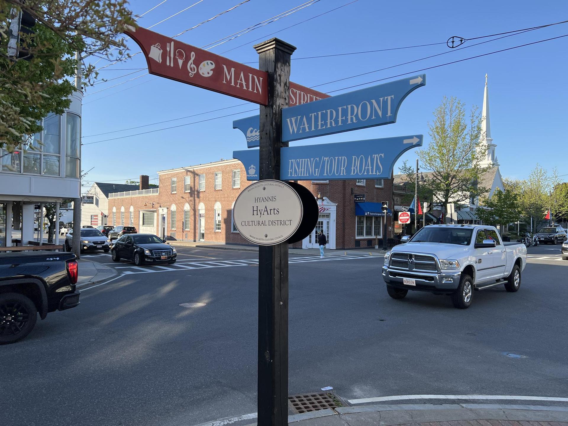 A street signpost at a busy intersection with buildings and a church steeple.
