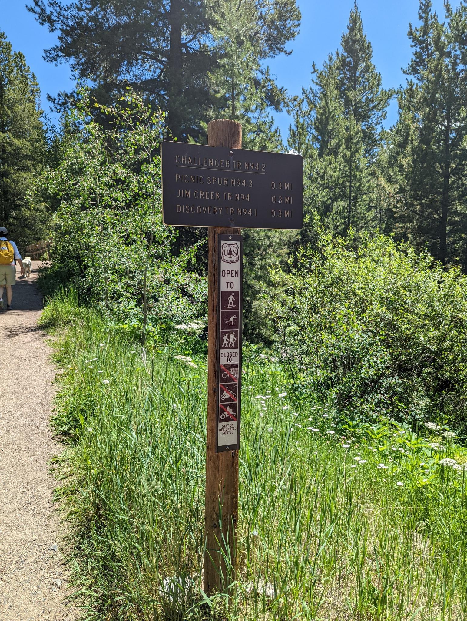 A wooden trail sign stands in a sunny, grassy area.