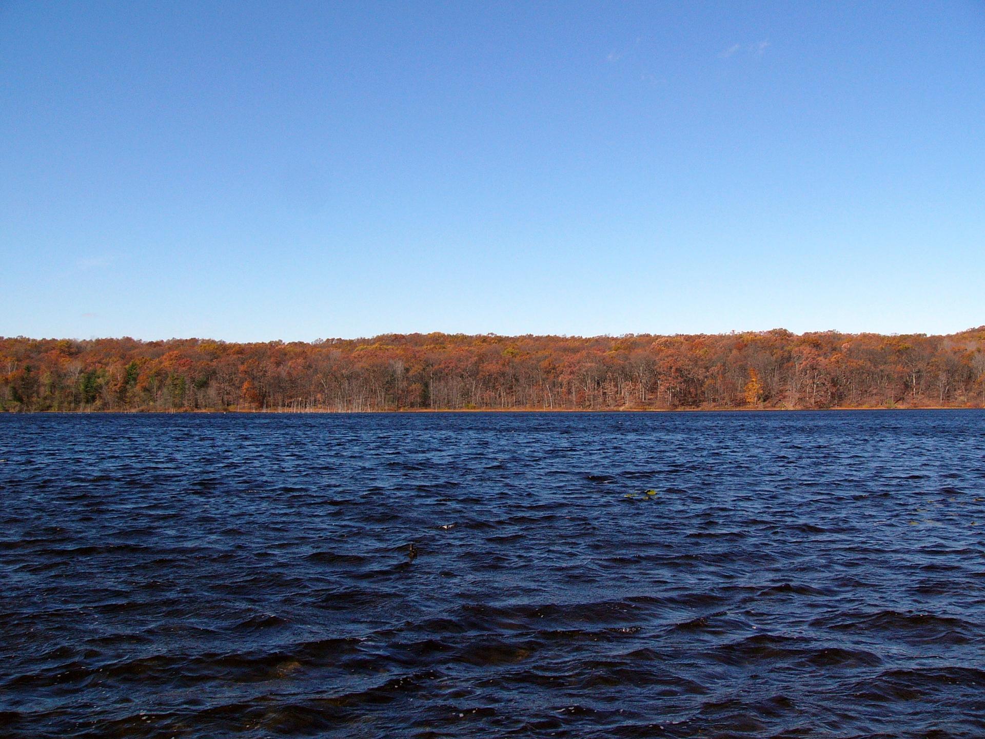 A dark blue lake with a distant forest showing autumn colors under clear sky.