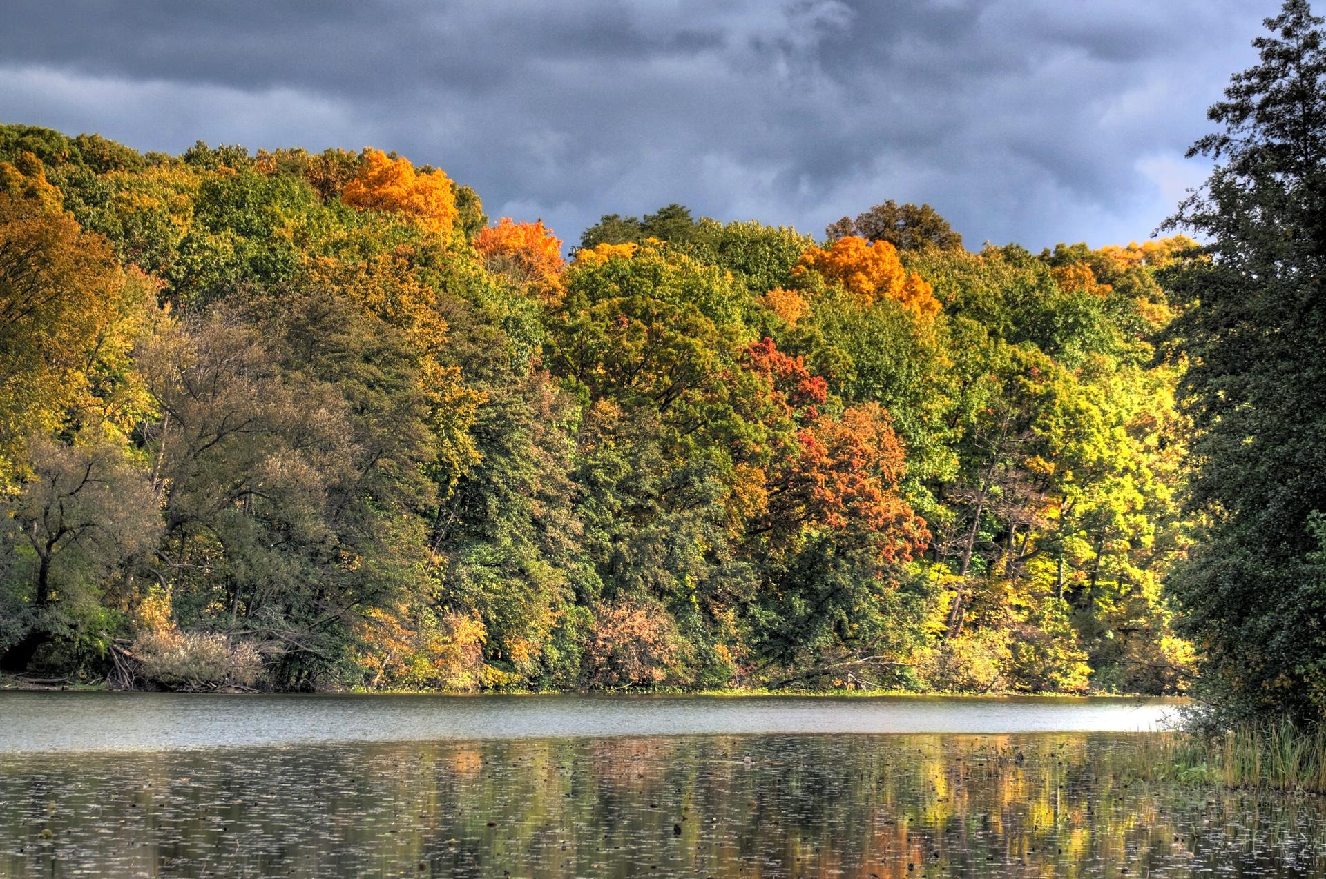 Dramatic autumn landscape with colorful trees reflecting in a calm lake.