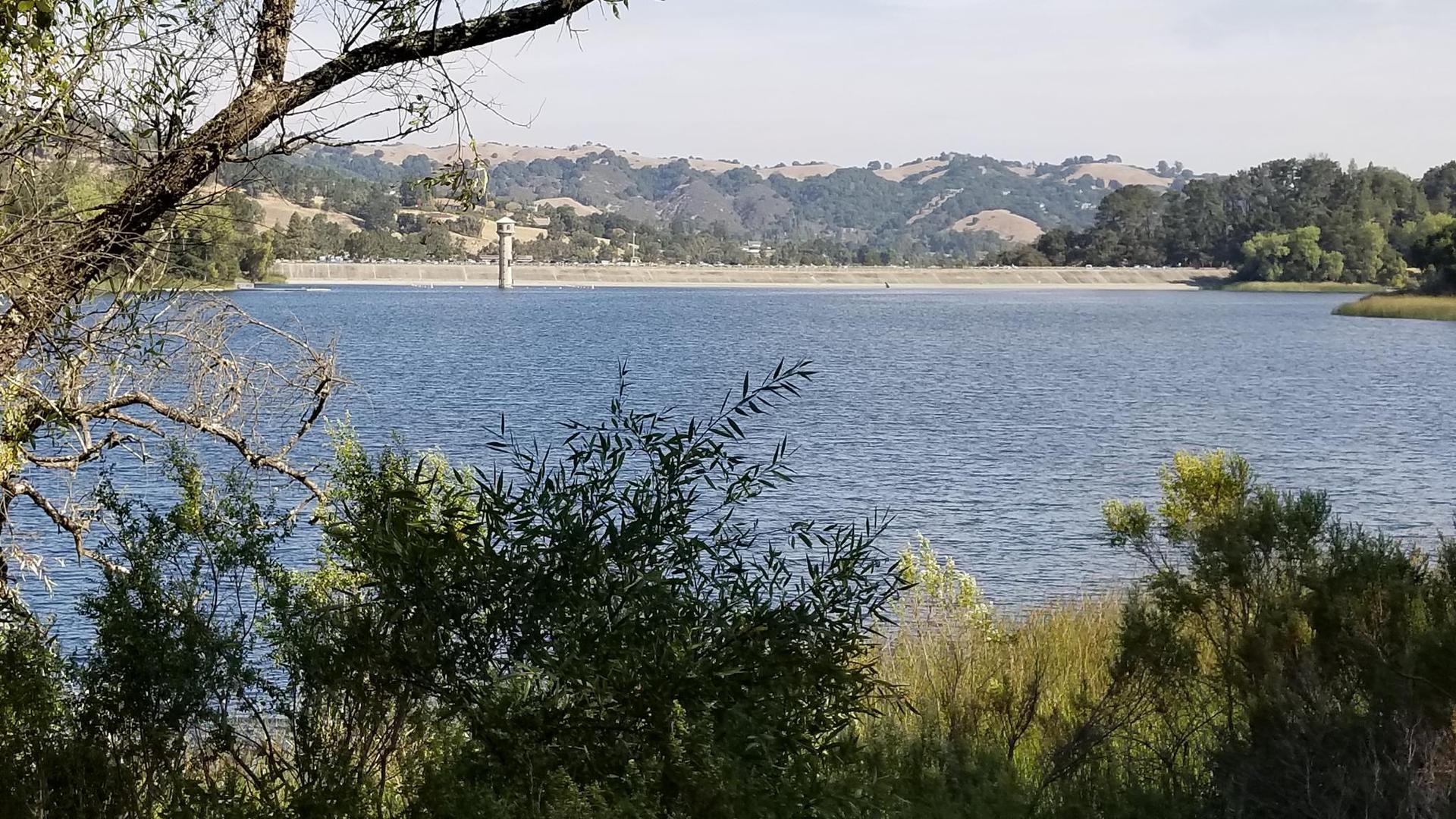 A wide lake with a distant dam, framed by trees and hills.