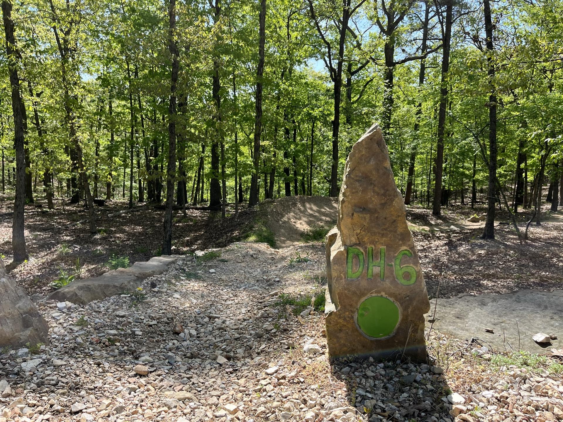 A large rock marker with green paint next to a forest bike trail.
