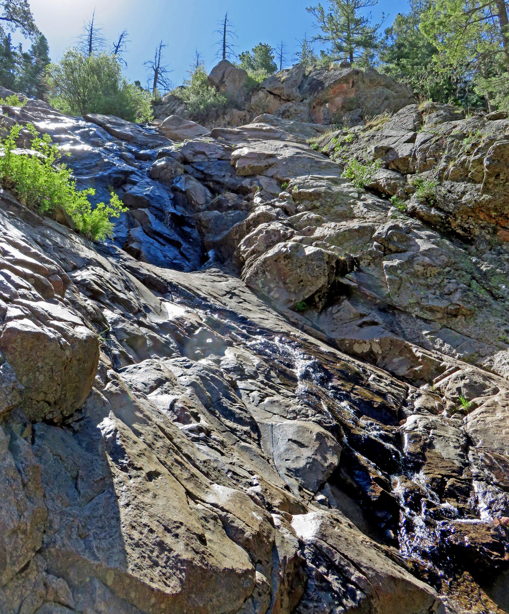 Sunlit rocky cascade flowing down a steep, tree-lined mountain slope.