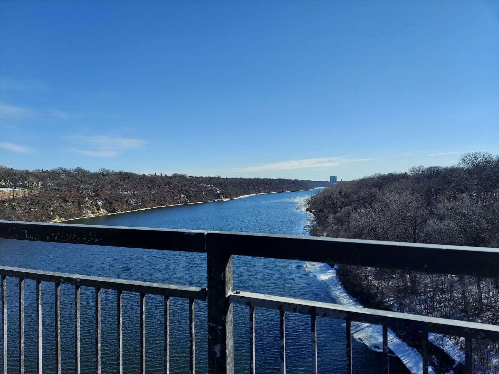 River with some ice, surrounded by bare trees, seen from a bridge. - Mississippi Gorge Trail loop