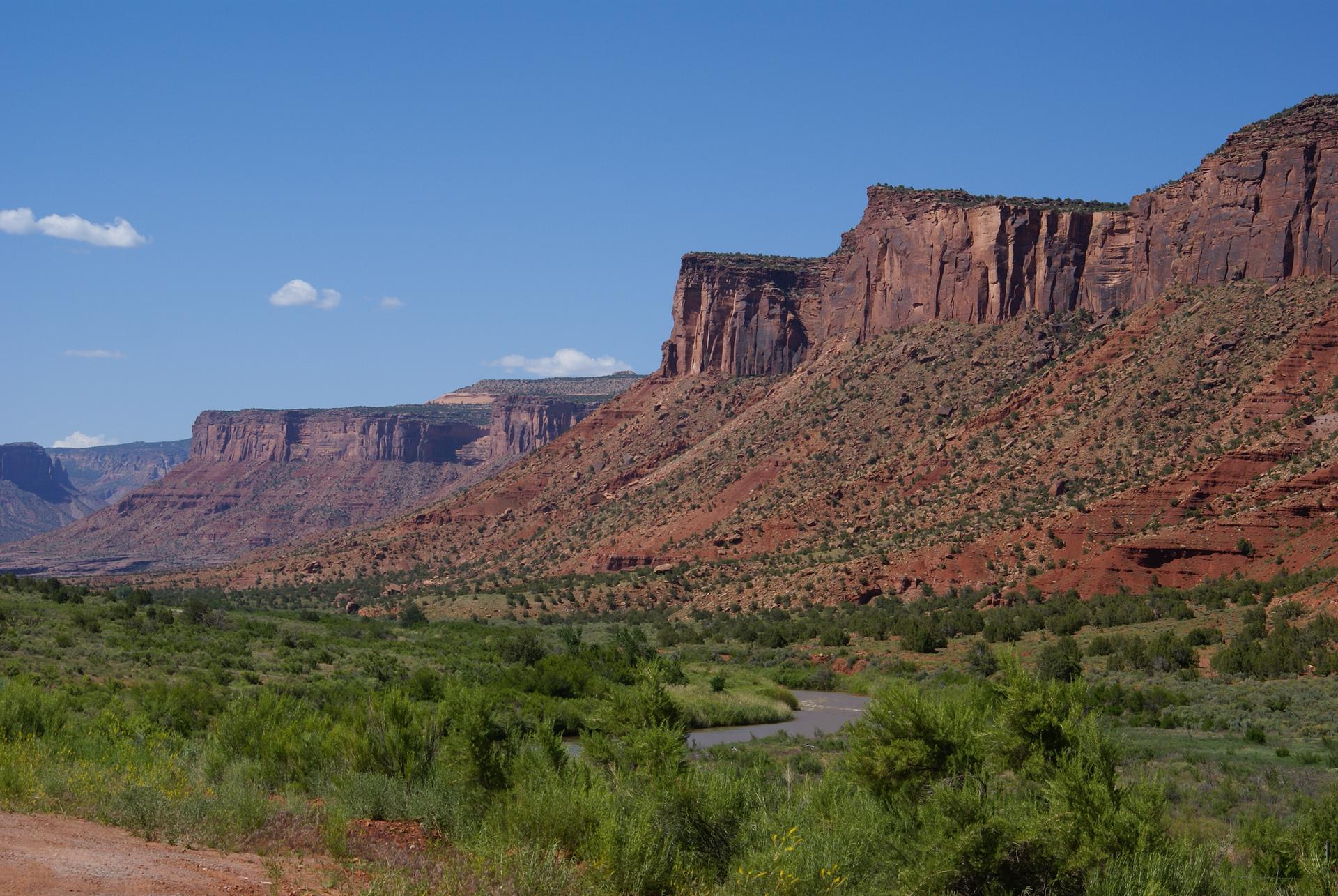 Vast canyon landscape with red cliffs, green riverbed, and bright blue sky.