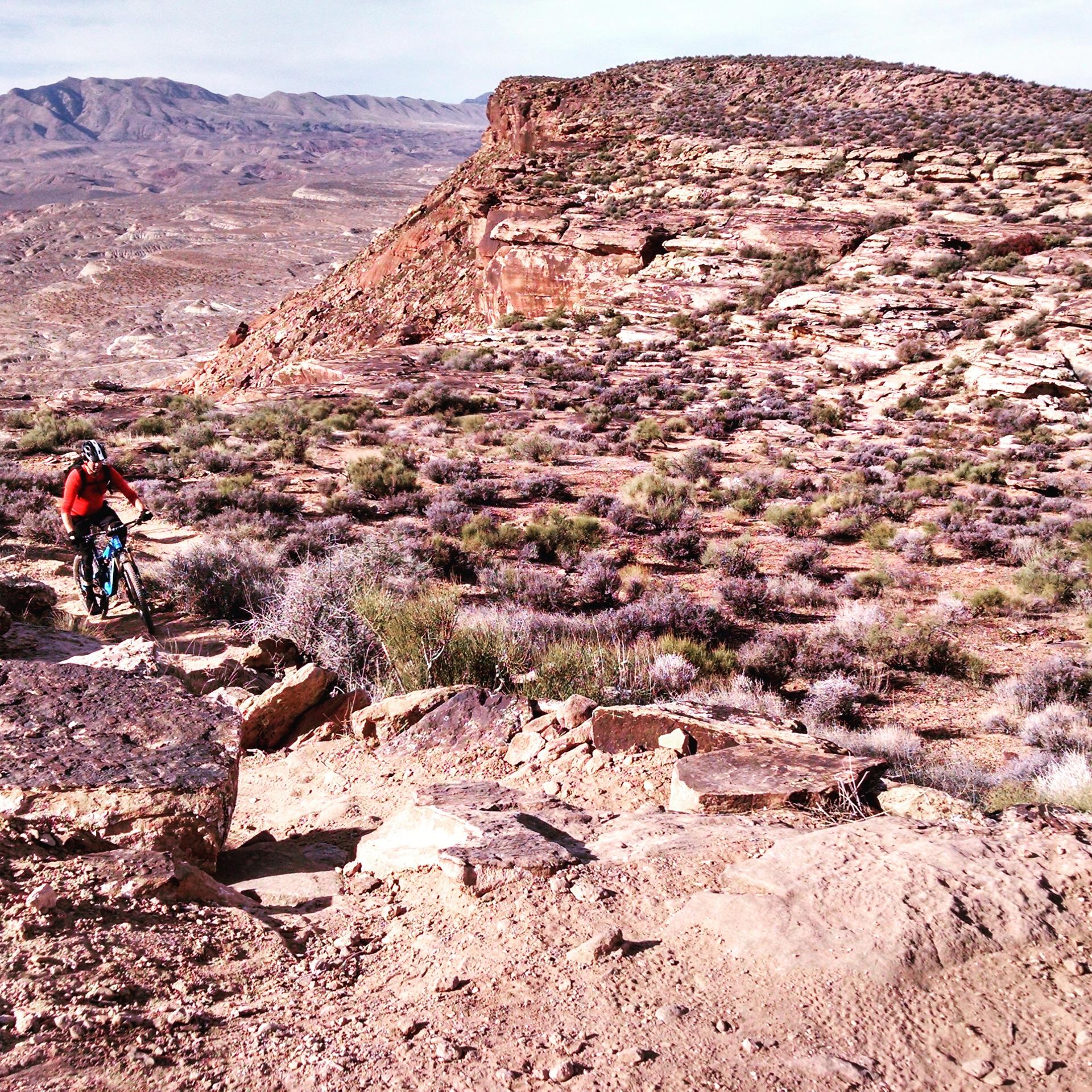 A person mountain biking down a rocky desert trail under bright daylight.