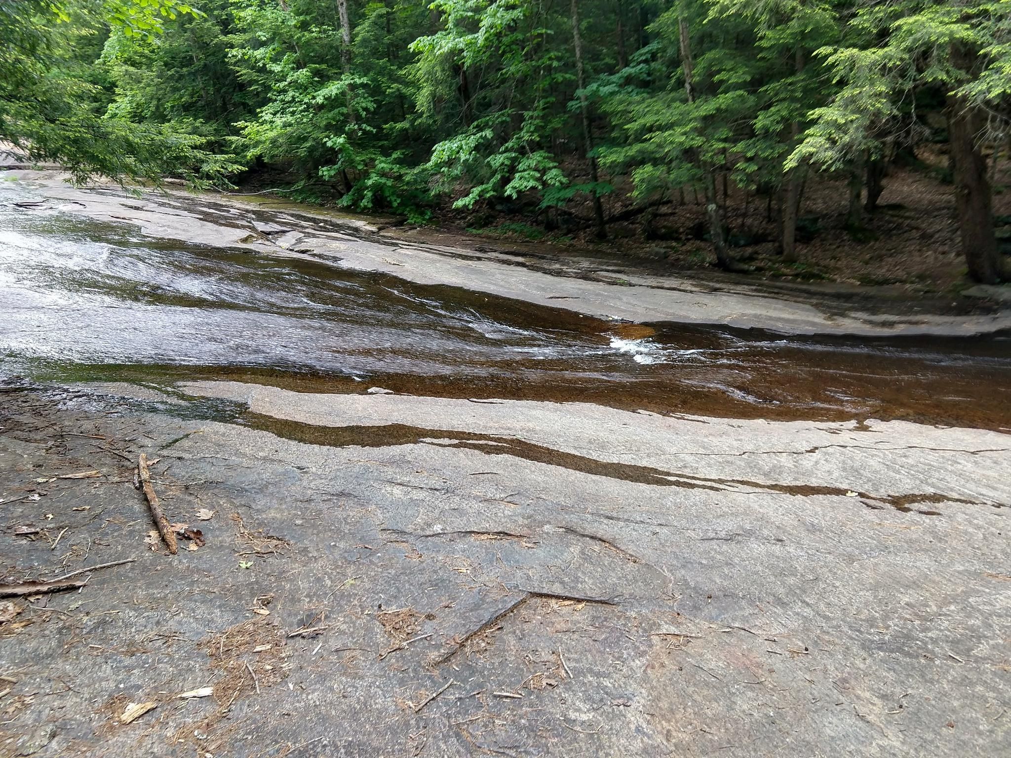 Water flows over a wide, flat rock surface in a green forest. - Bear Slides Trail