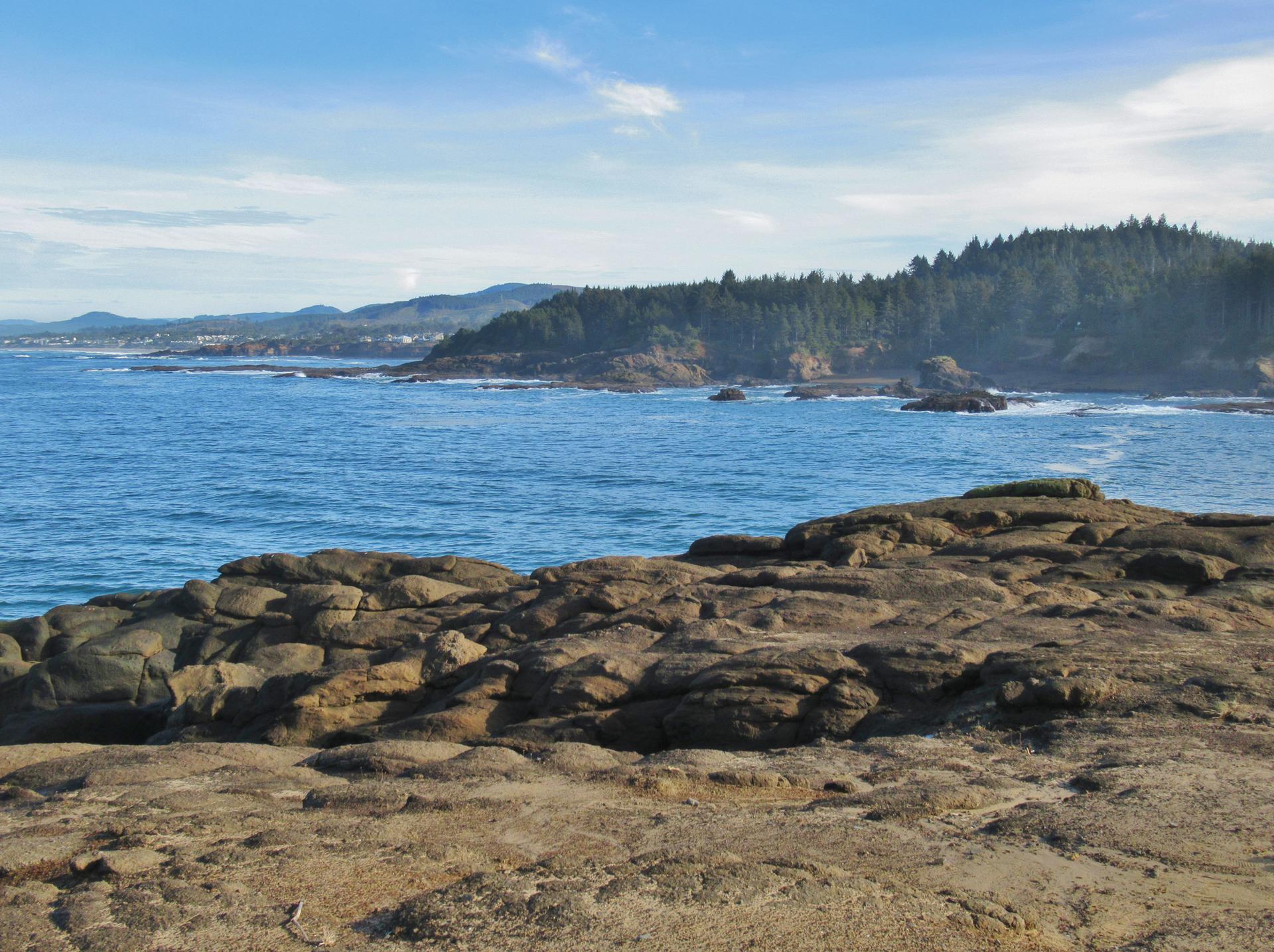 Rocky foreground overlooks a blue ocean and distant forested coastline on a sunny day.