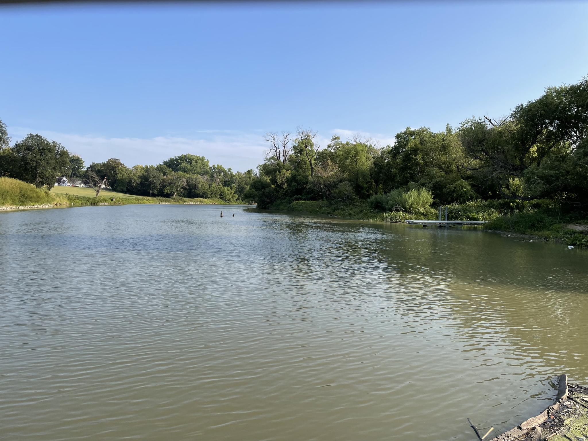 Wide river with green trees on banks, a dock, under clear blue sky.