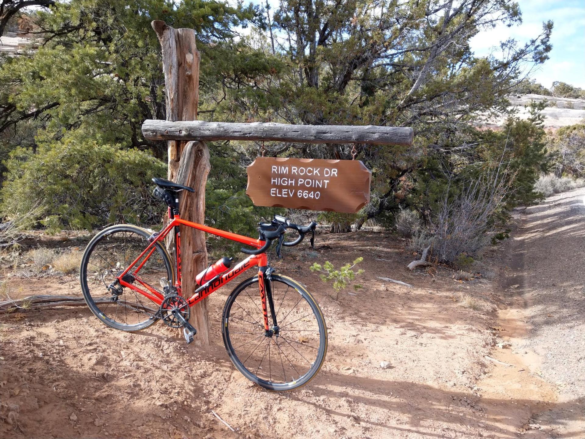 Red road bicycle leaning against a wooden signpost on a dirt trail.