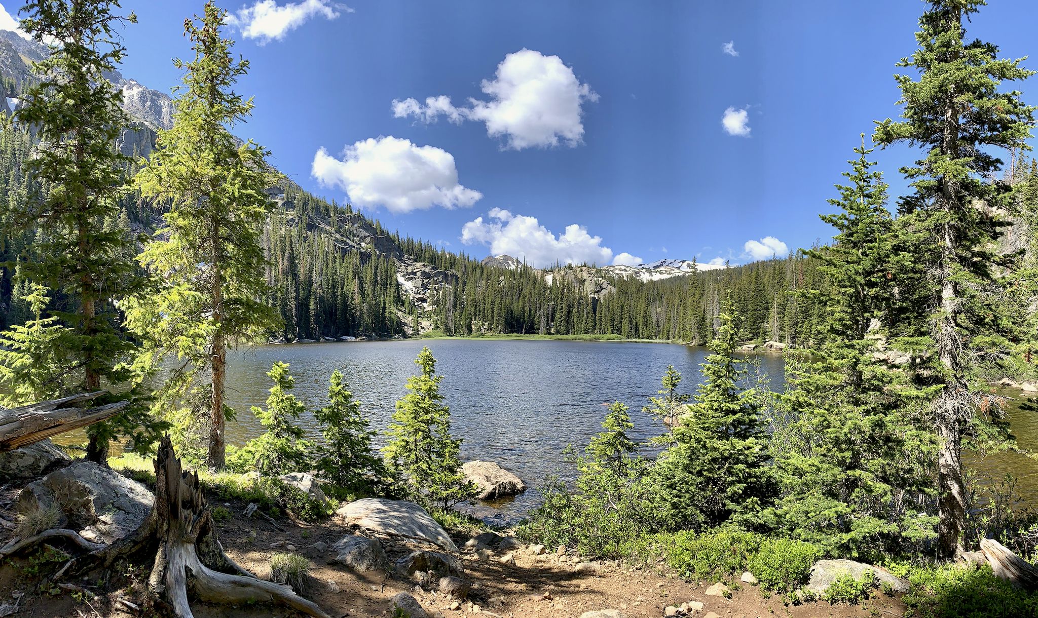 Bright mountain lake surrounded by green pines under a blue sky. - Upper Cataract and Elliot's Ridge Loop
