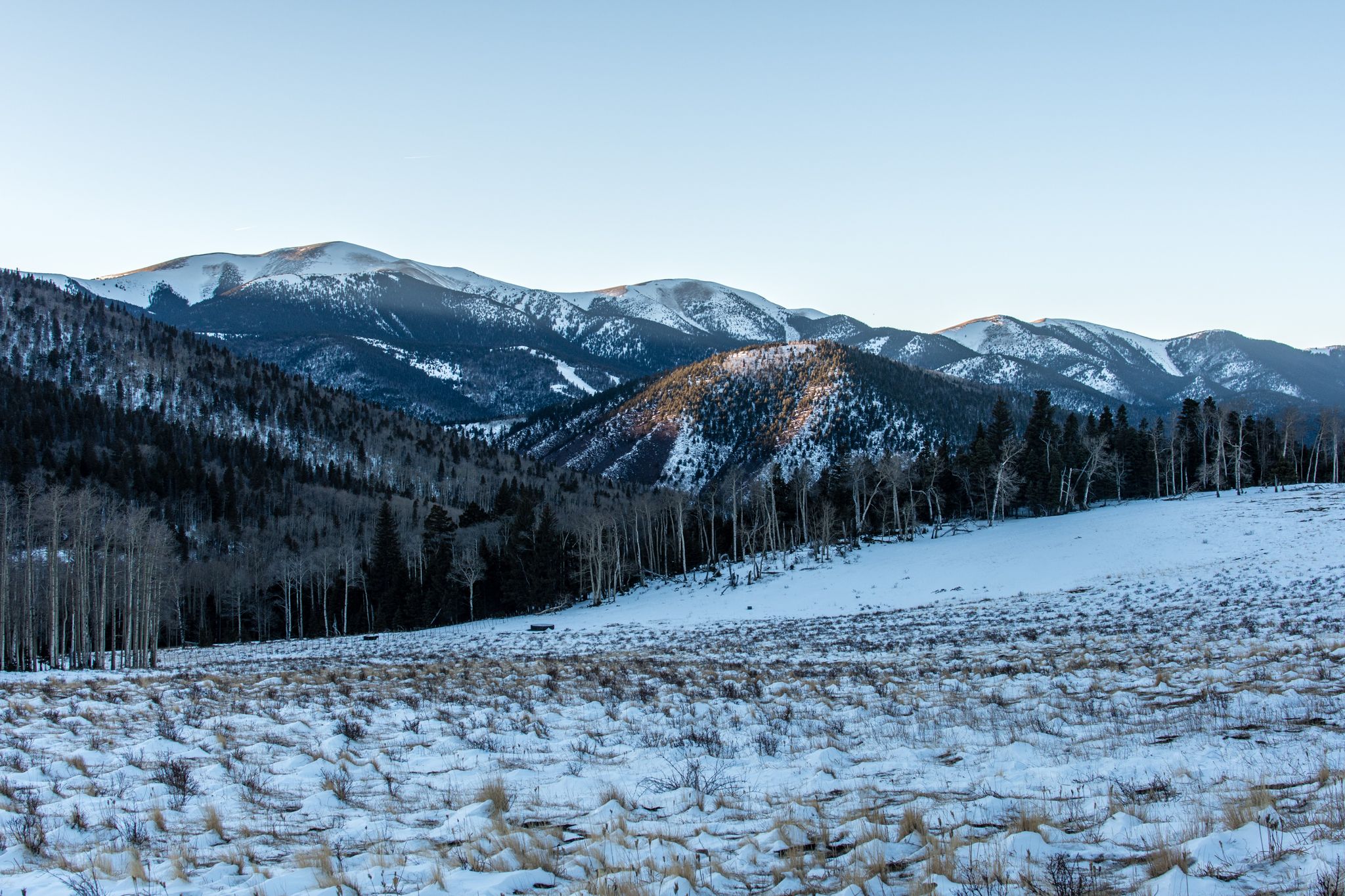 Snowy mountain landscape with bare trees and distant peaks under a clear sky. - Culebra Peak Trail