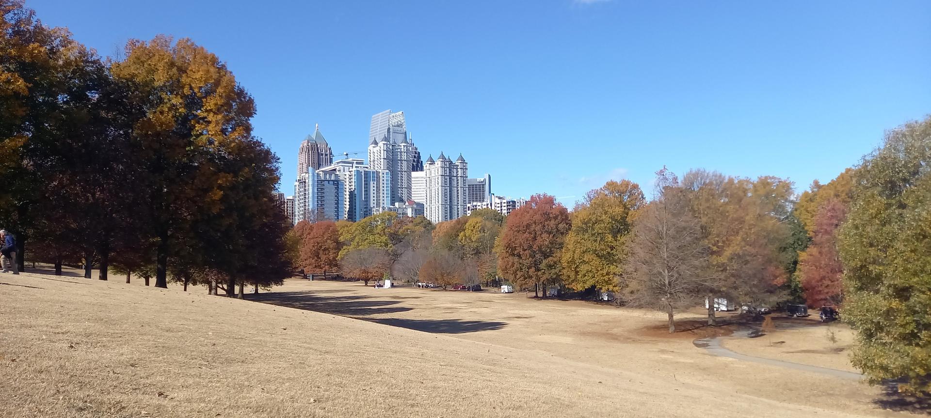 Expansive dry grassy field with autumn trees and distant city buildings.