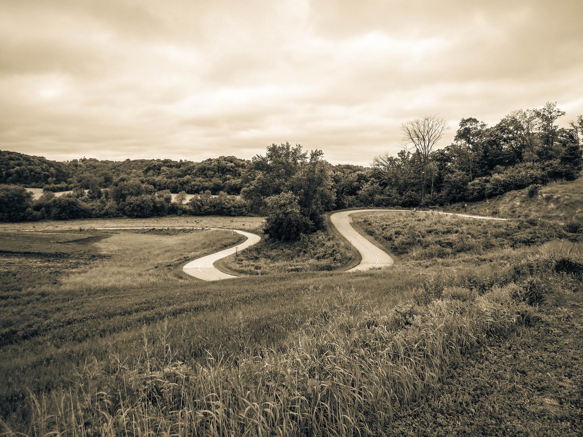 Sepia-toned image of a winding path through grassy hills and trees under a cloudy sky.