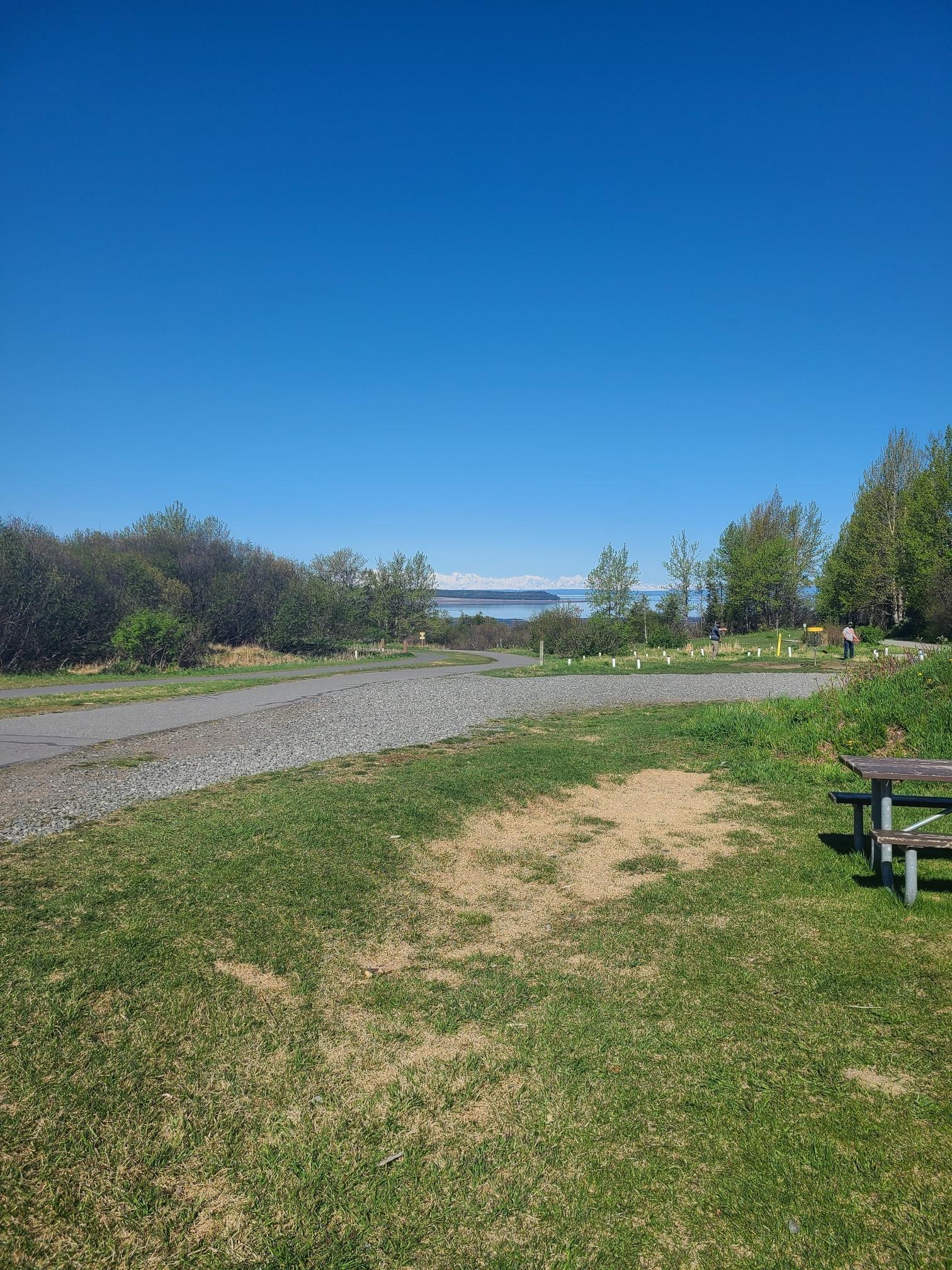 Gravel road and grassy area under clear blue sky, distant water visible.