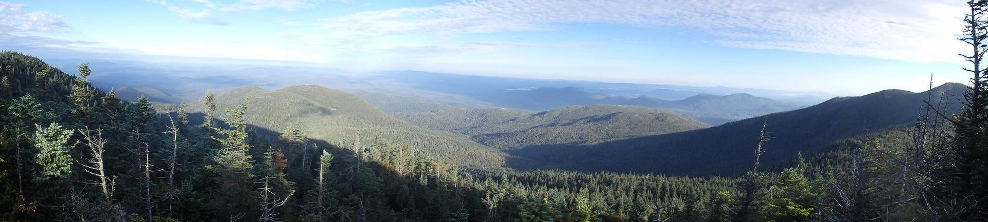Panoramic view of a vast forested mountain range under a bright blue sky.