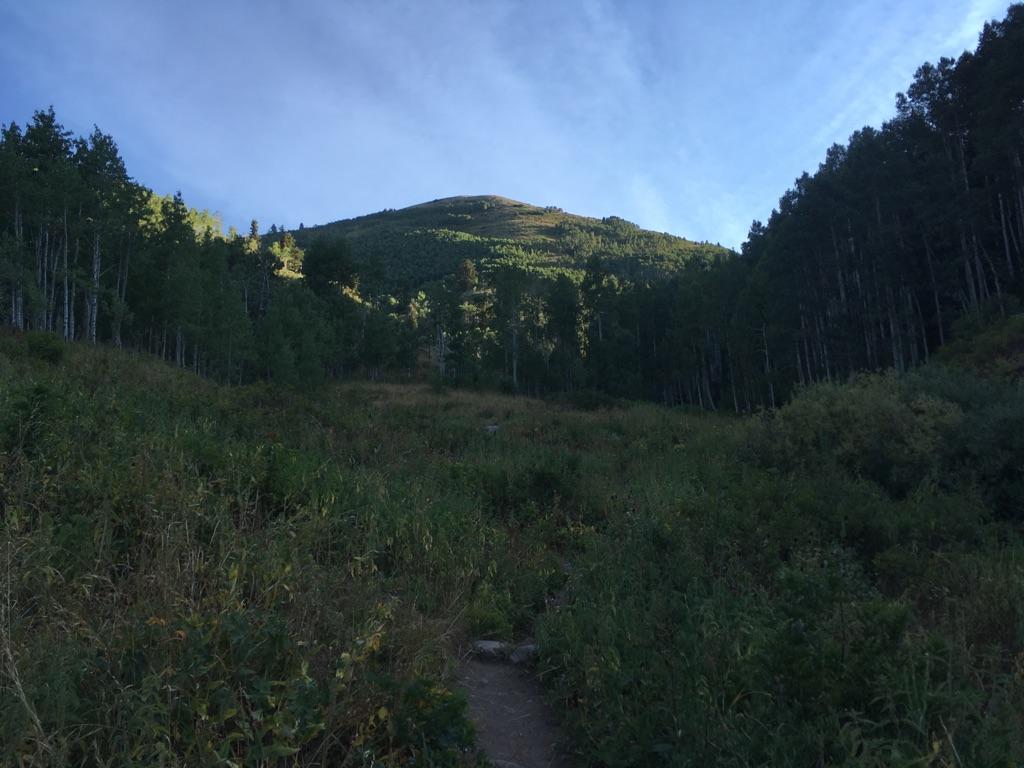 A dirt trail leads through a green valley towards a sunlit mountain.