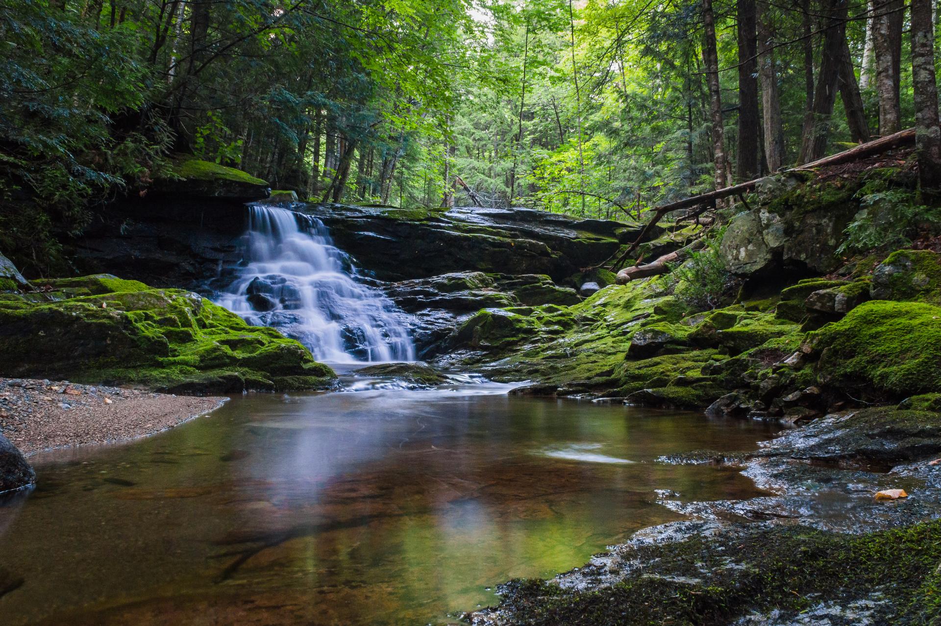 Waterfall flowing over mossy rocks into a calm stream in a lush green forest.