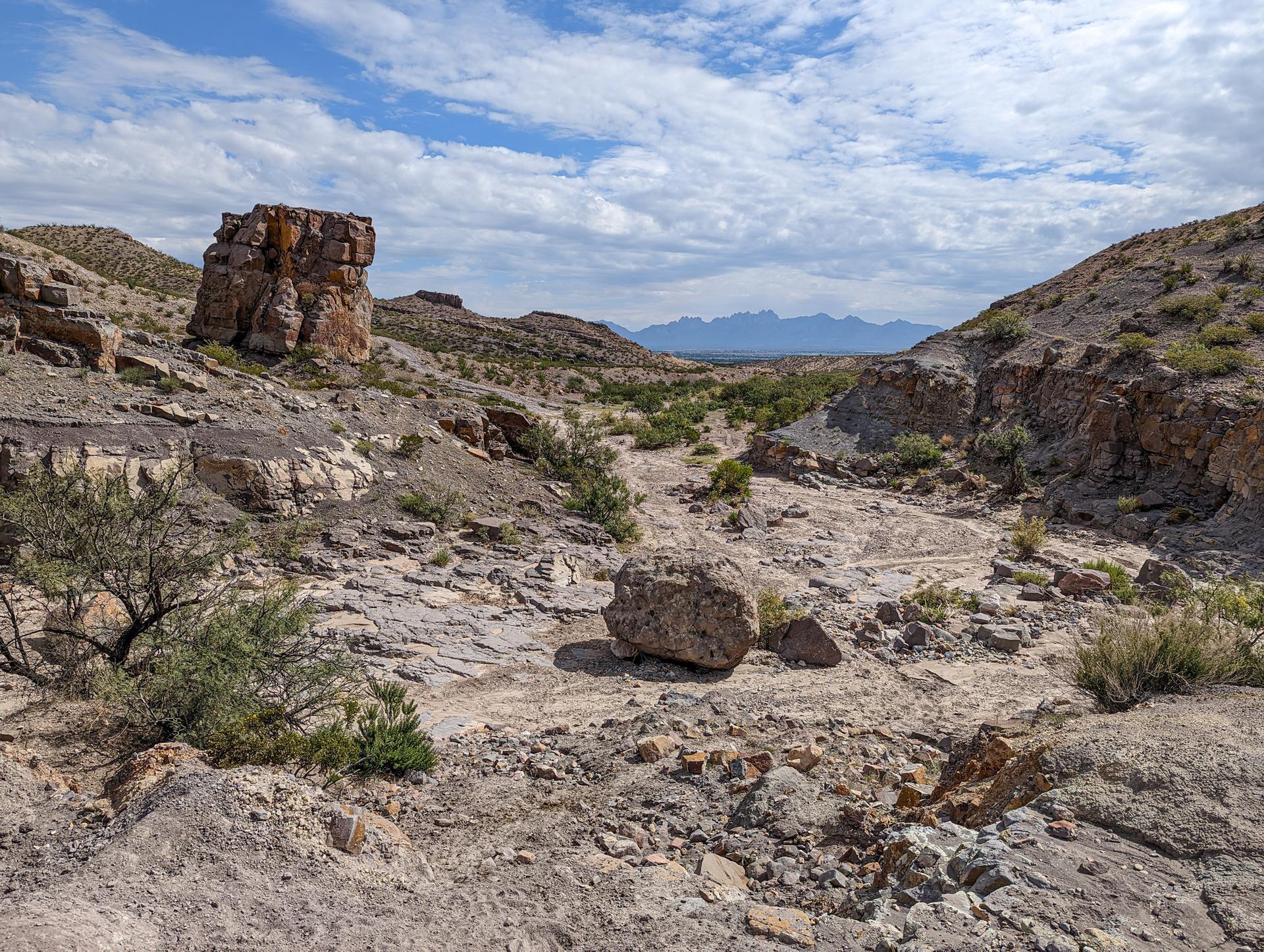Dry desert wash with large boulders and rocky canyon walls under a cloudy sky.