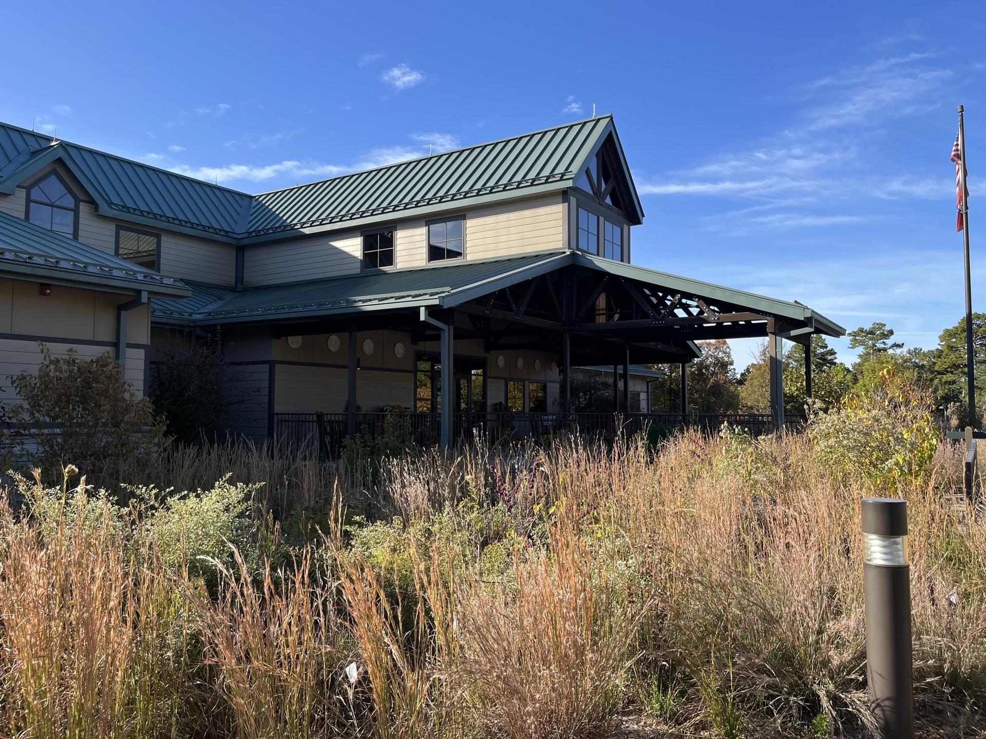 Large building with green roof and tall dry grass under a clear sky.