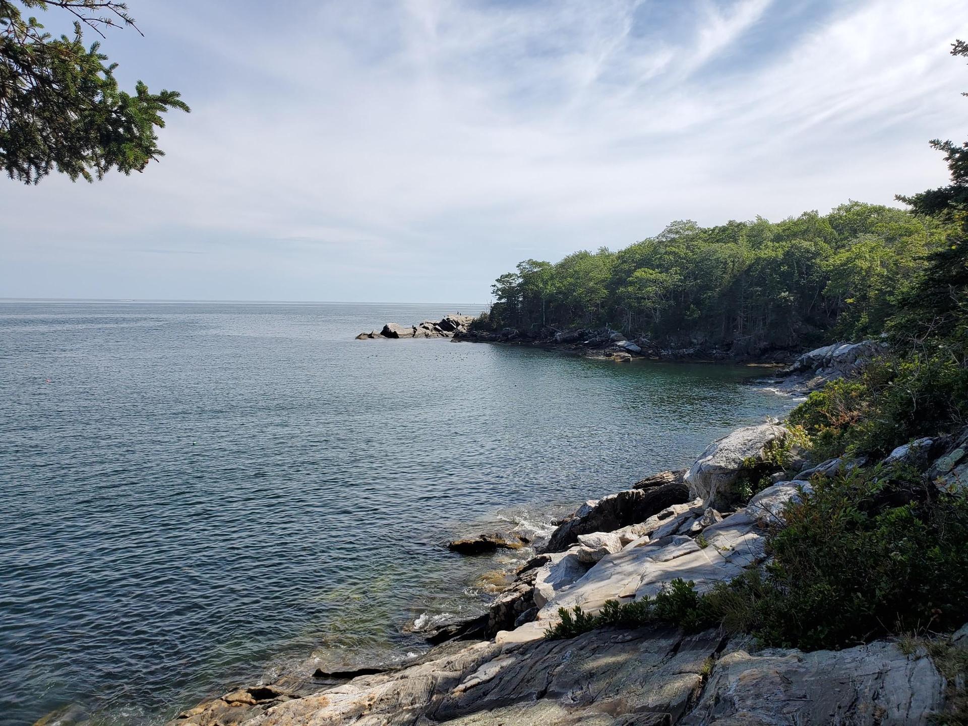 Rocky shoreline with calm blue water, distant land, and green trees.