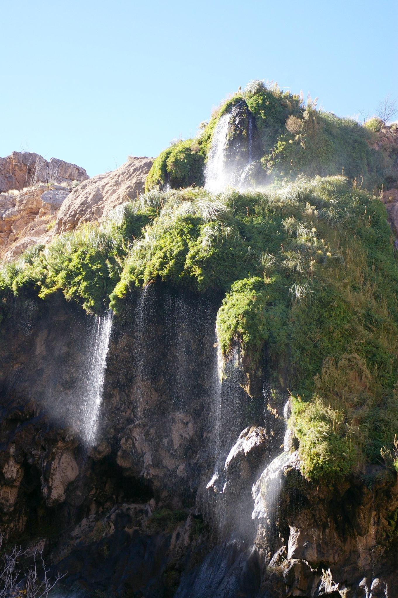 Bright sunlight illuminates a waterfall cascading over a lush, moss-covered rocky cliff.