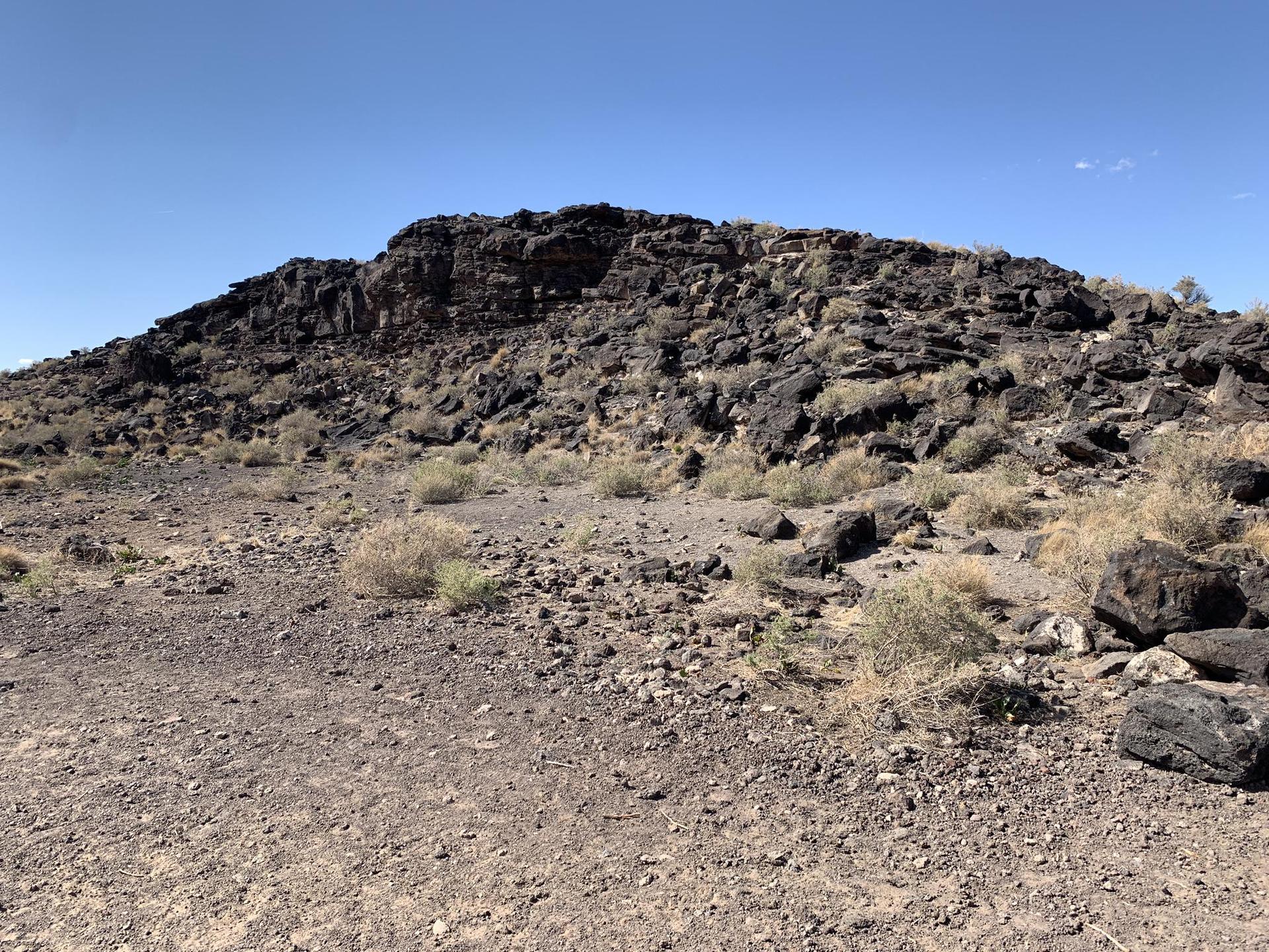 Close-up of a rocky, dark hill covered in sparse desert plants.
