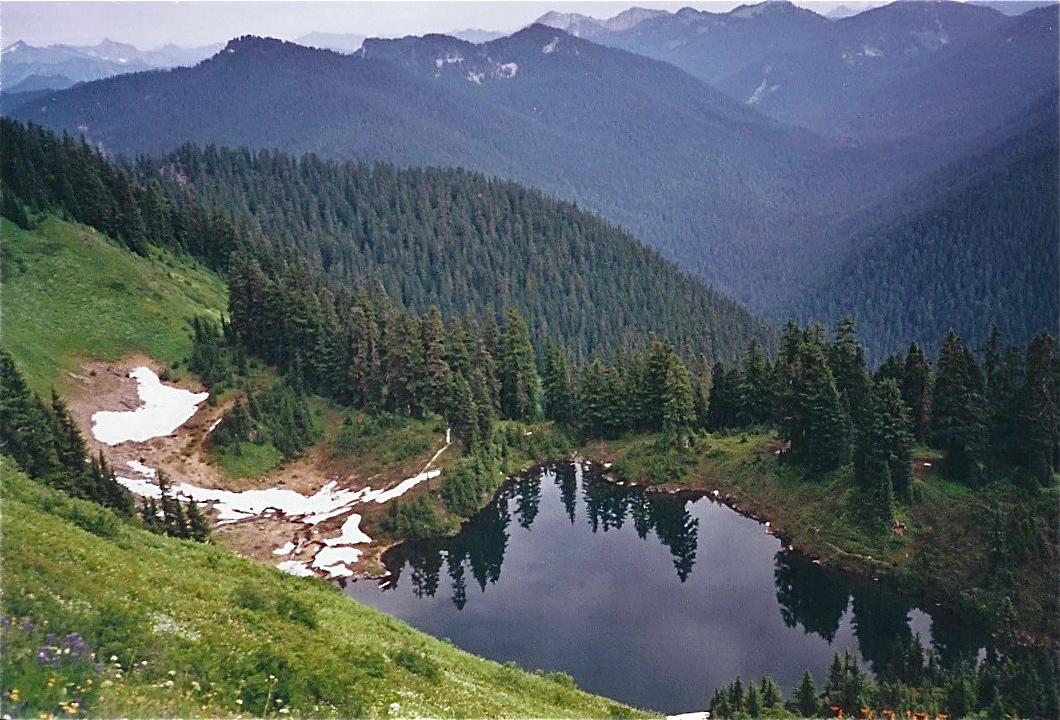 Dark mountain lake surrounded by evergreen forest, snow patches, and distant peaks.