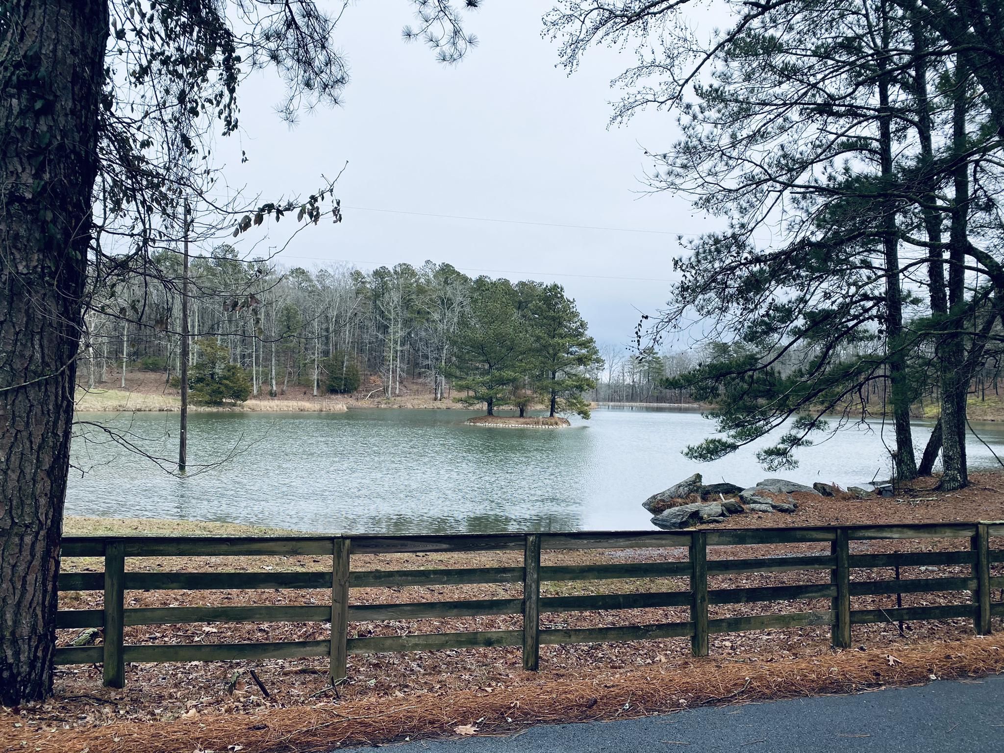 A calm lake with an island, surrounded by trees, seen through a wooden fence. - Shope Lake – Little Lake loop from White