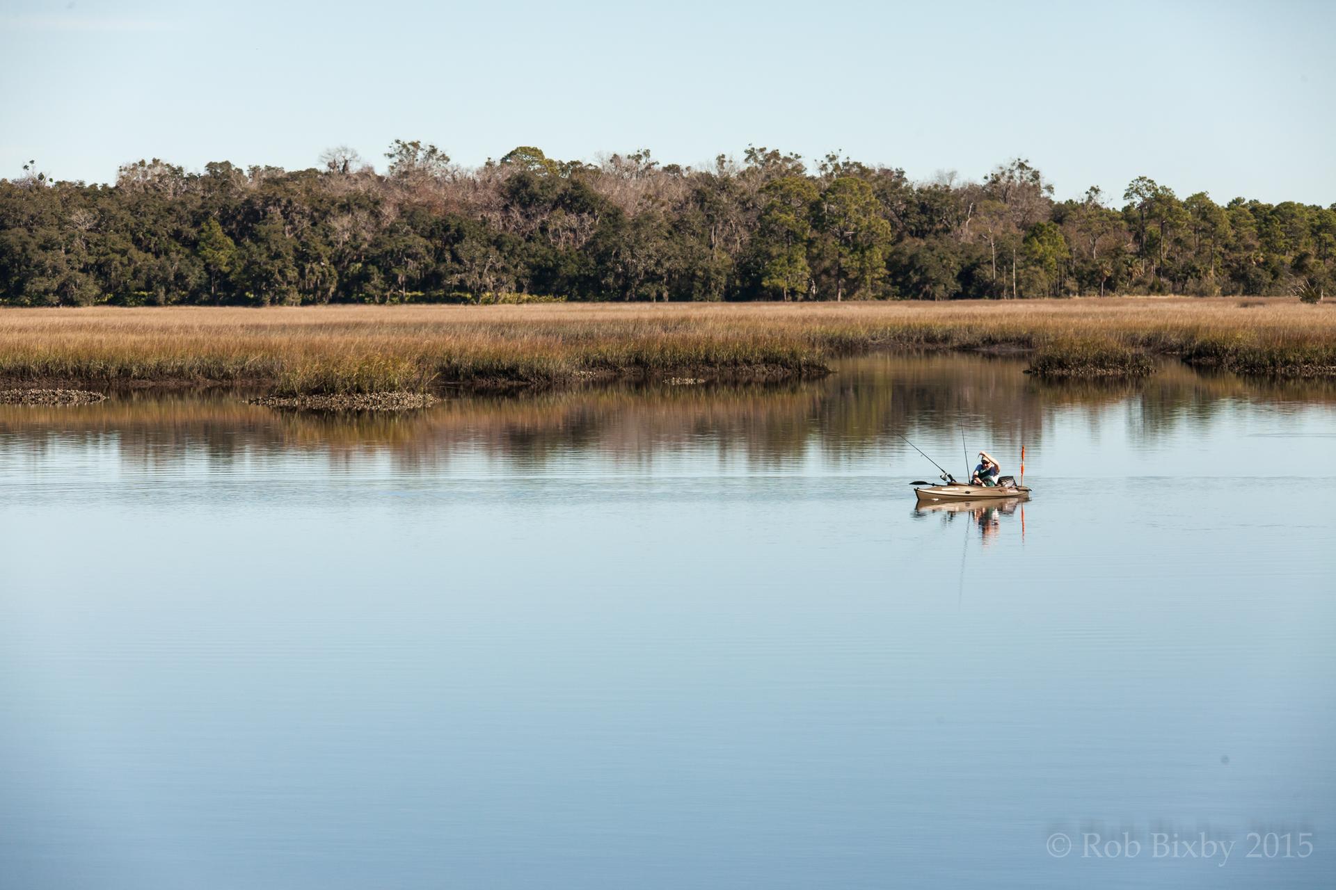 A person fishes from a small boat on calm water with marsh and trees.