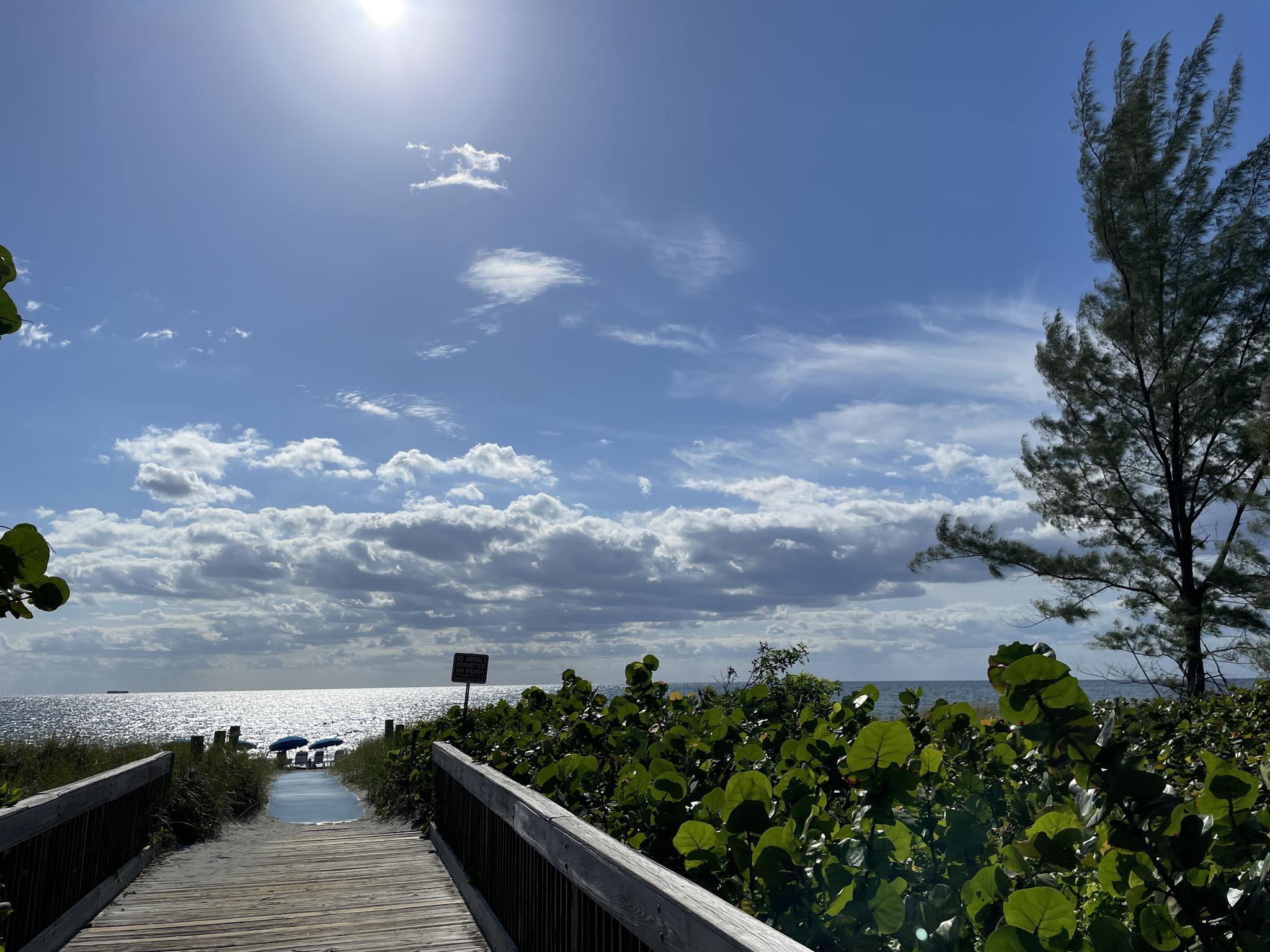 Wooden boardwalk leads to a bright, sunny ocean under a partly cloudy sky.