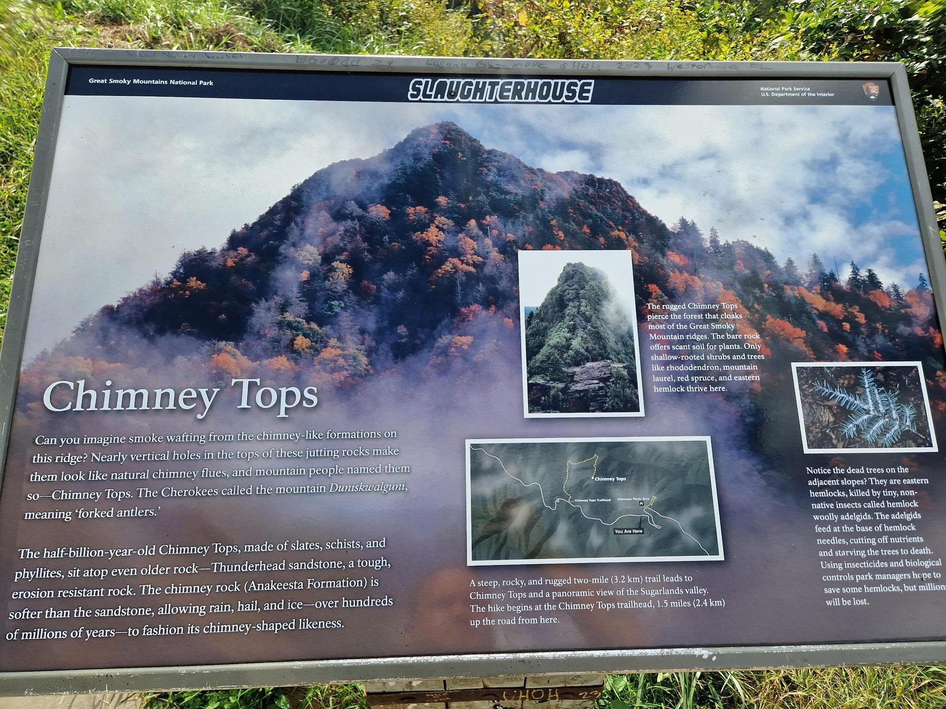 Informational sign with text and images of mountains, surrounded by greenery.