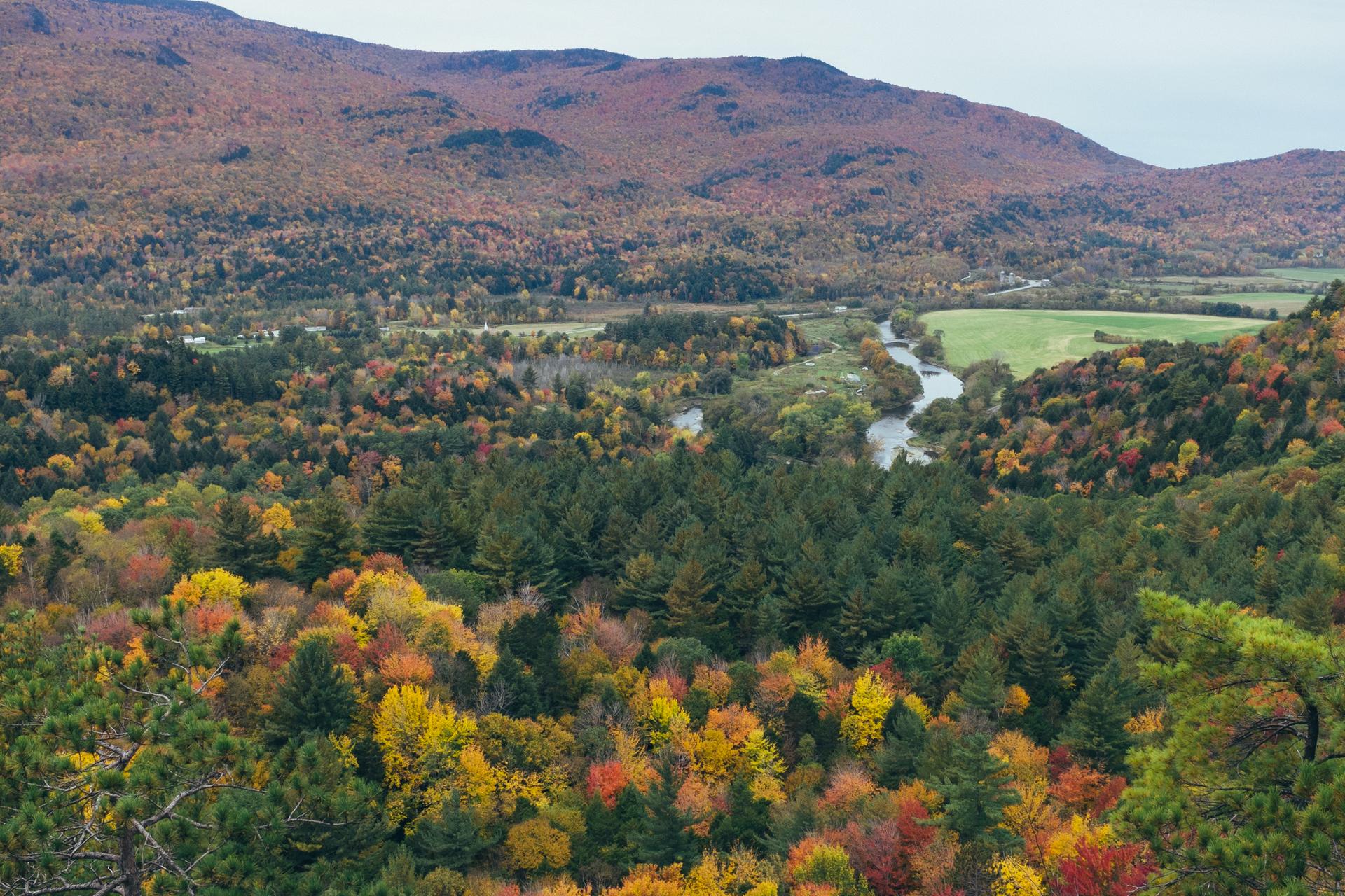 Aerial view of a river winding through a valley with vibrant autumn foliage under an overcast sky.