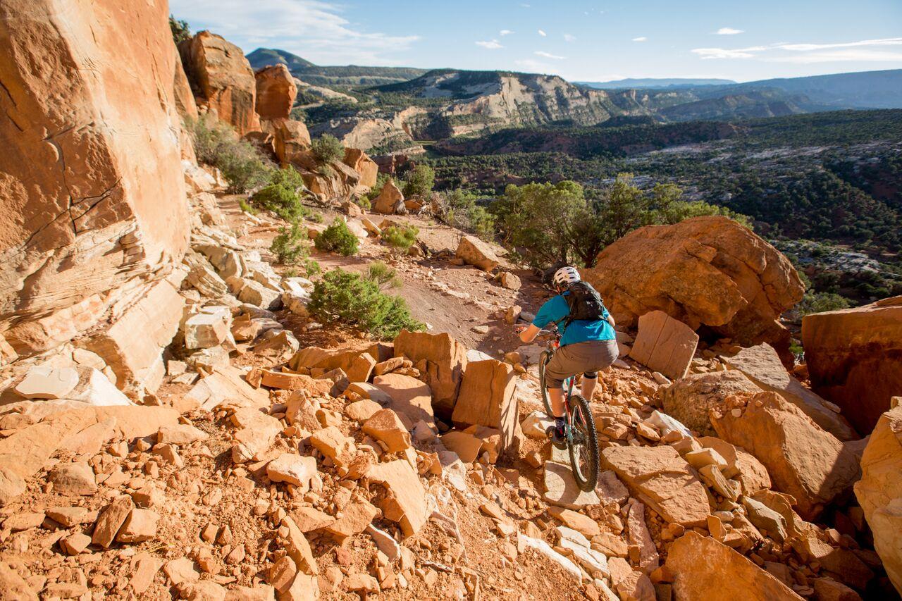 Mountain biker navigates a very rocky, steep trail in a sunny canyon.