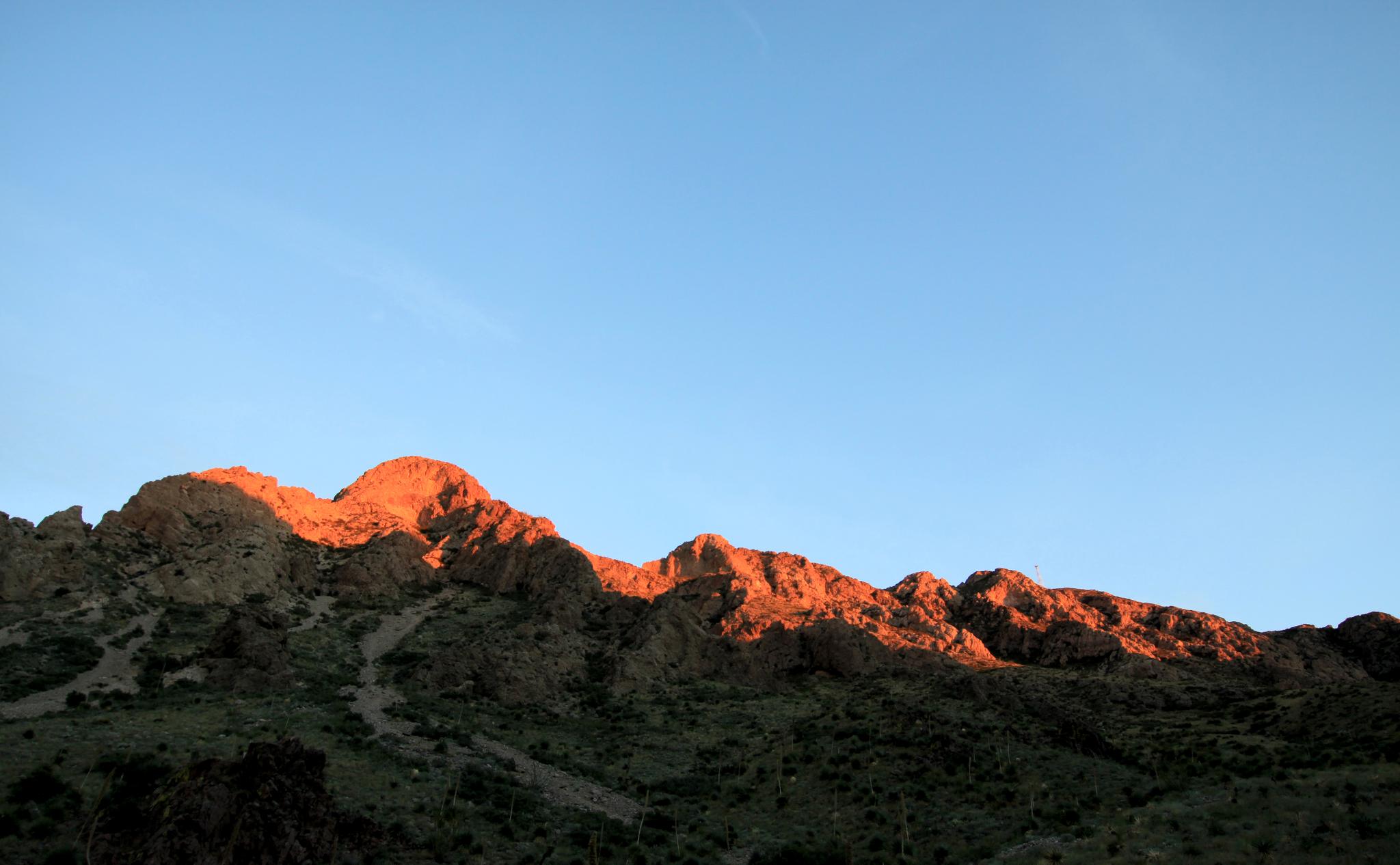 Mountain peaks illuminated by golden hour sunlight against a clear blue sky.