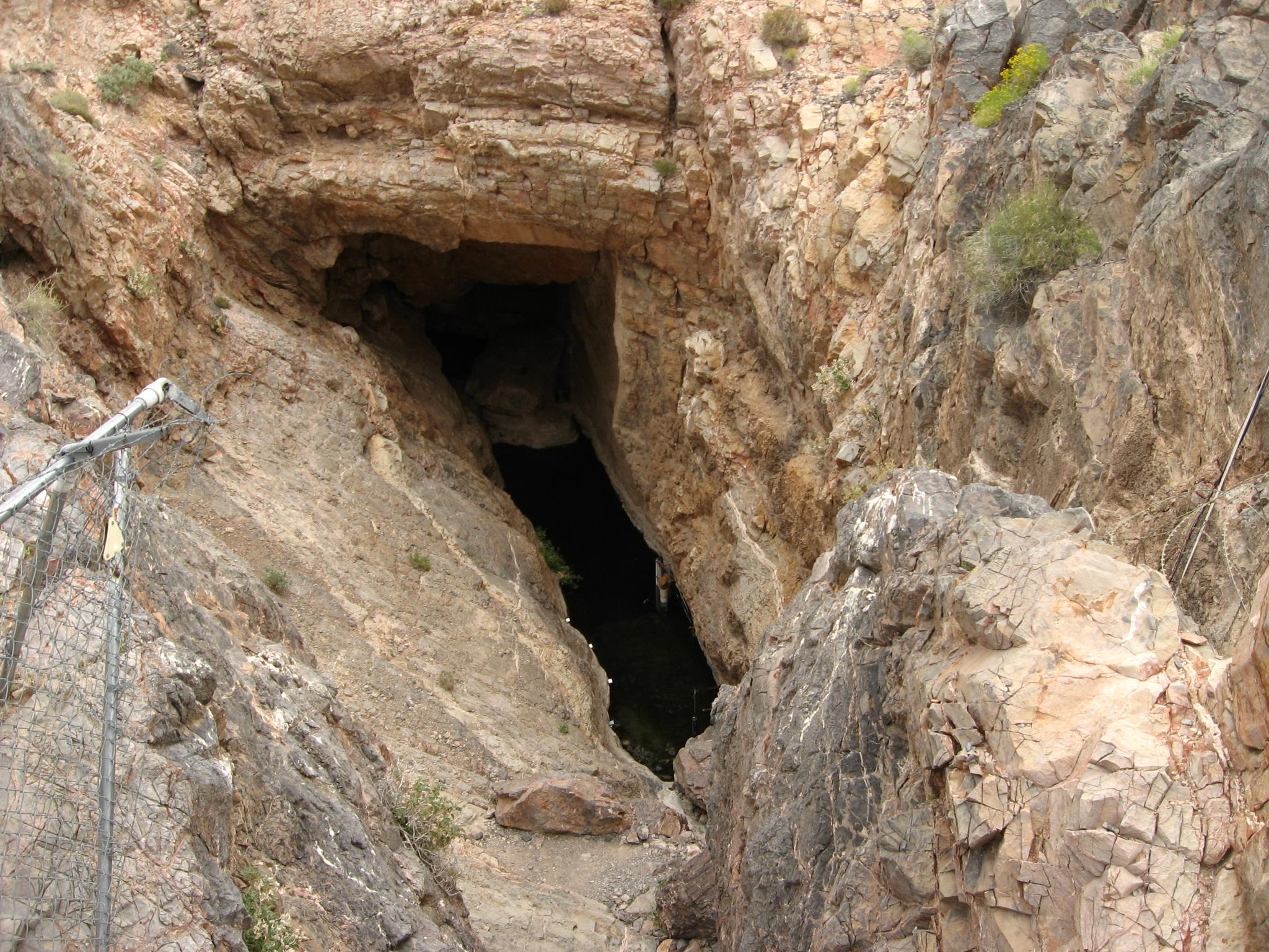 A dark cave entrance in a sunlit, rugged rock face with fencing.