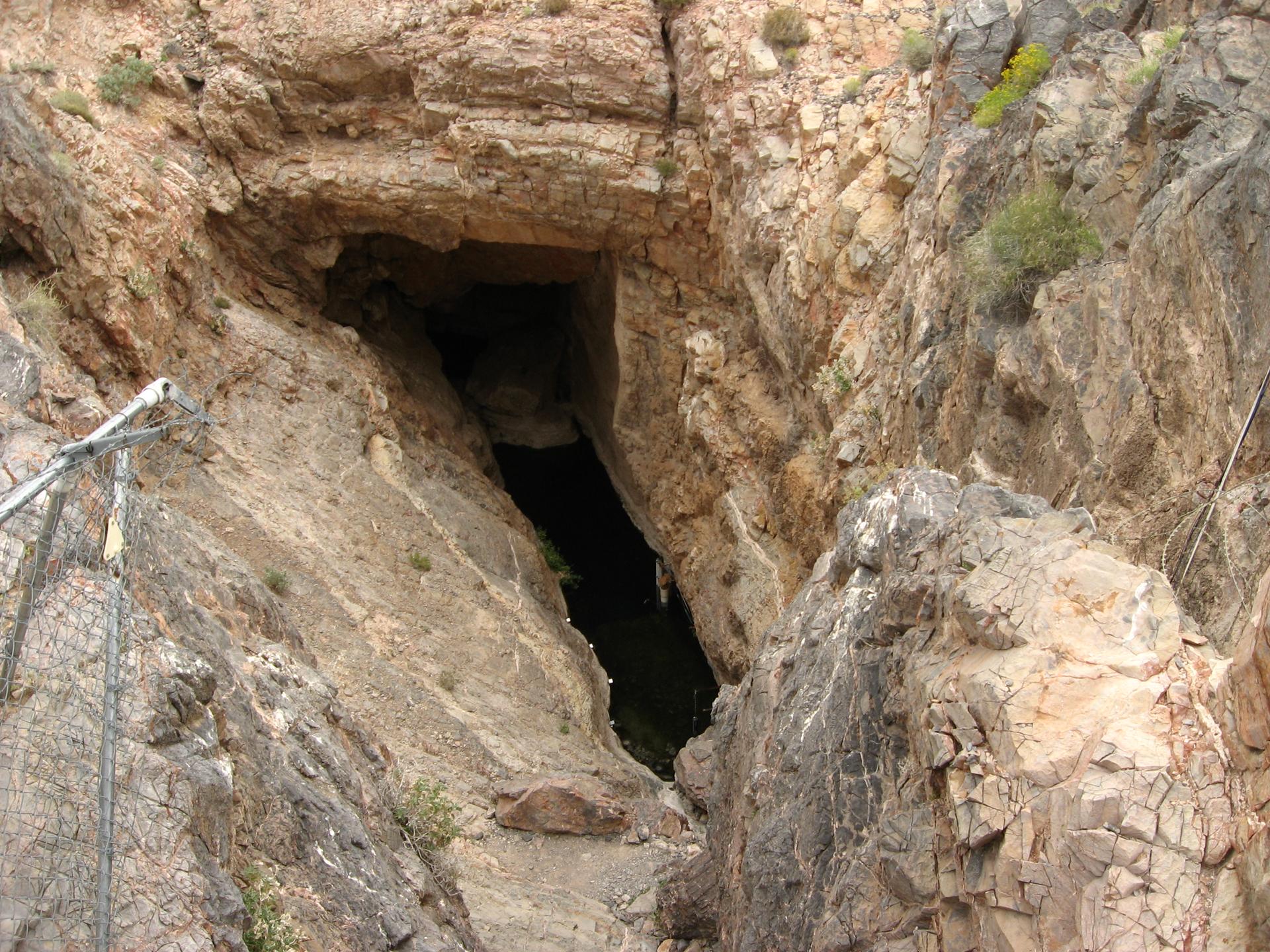 A dark cave entrance in a sunlit, rugged rock face with fencing.